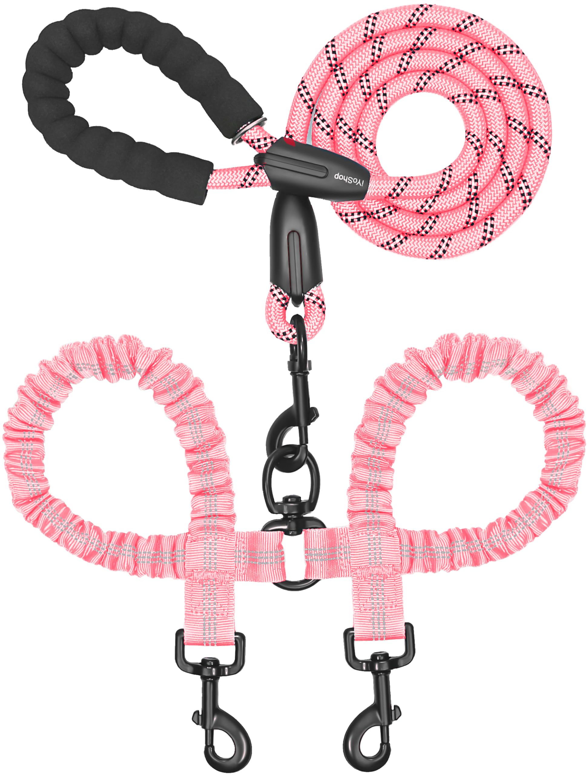 Iyoshop Dual Dog Leash, Double Dog Leash, 360 Swivel No Tangle Walking Leash, Shock Absorbing Bungee For Two Dogs, Large (25-150 Lbs), Baby Pink