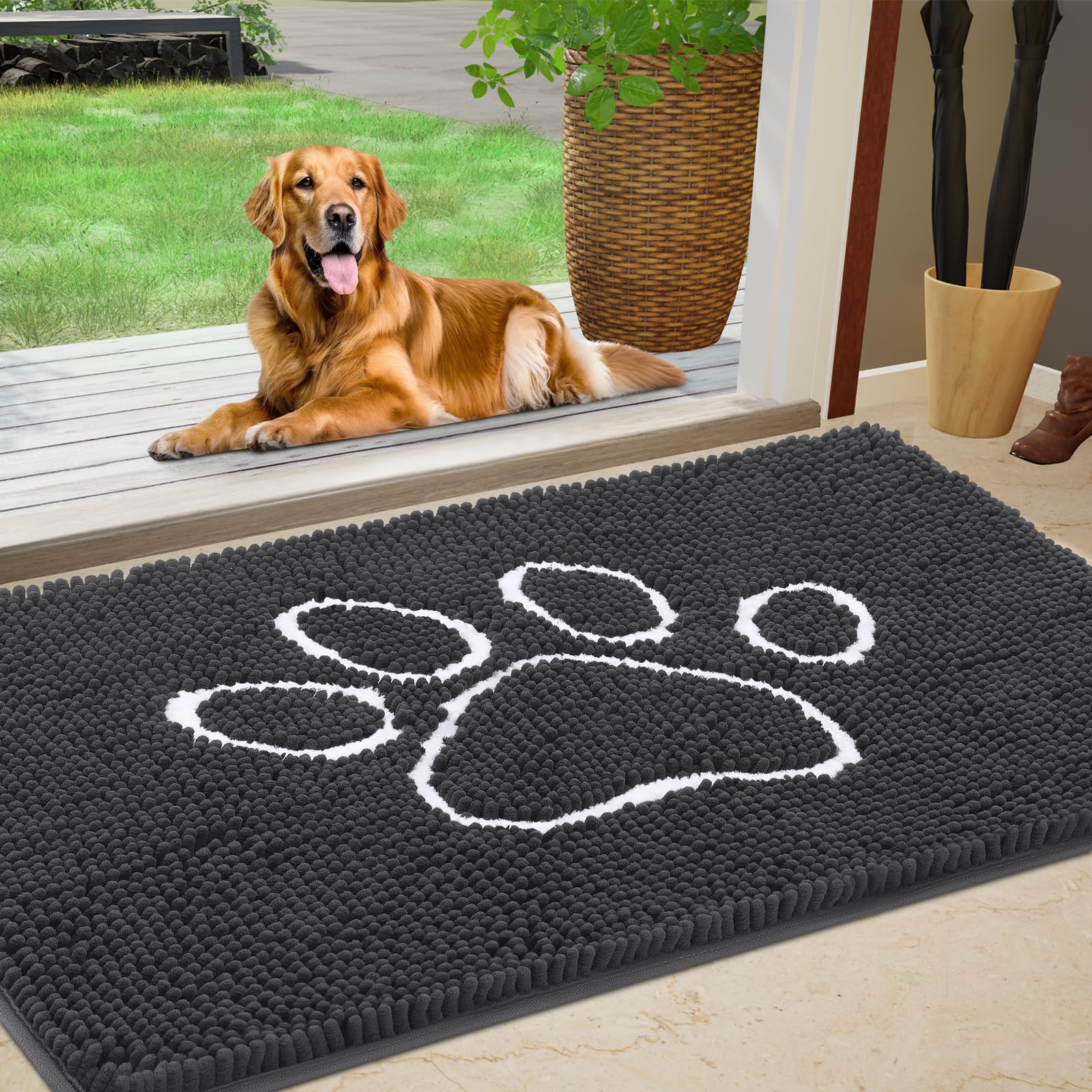 Dog Door Mat for Muddy Paws, Pet Rug Chenille Absorbent Outdoor Doormat 30 x 20 , Non Slip Heavy Indoor Doormat Soft Front Insid