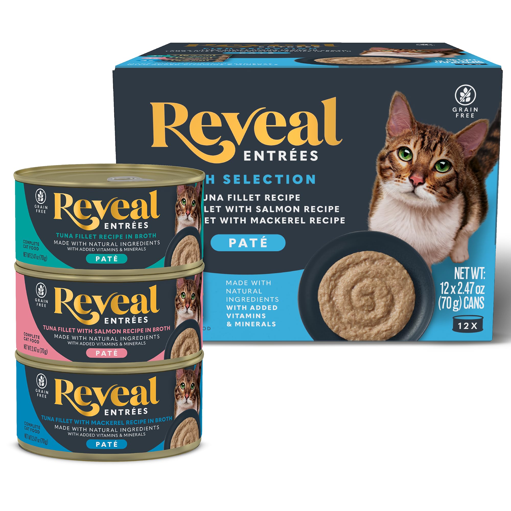 Reveal Entr  es Natural Wet Cat Food Pat  , Grain-Free with Added Vitamins & Minerals, Carrageenan-Free and High Protein, Fish V