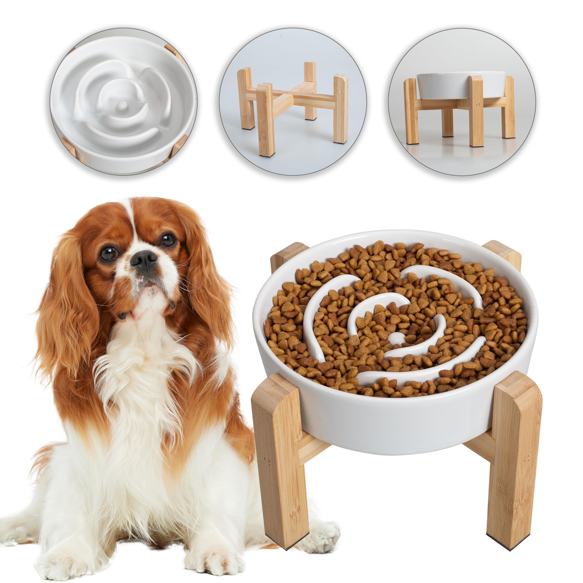 Elevated Slow Feeder Dog Bowl - Raised Ceramic Dog Bowl with Anti-Slip Stand - Fun Maze Dog Feeding Bowl for Fast Eater - Heavy 