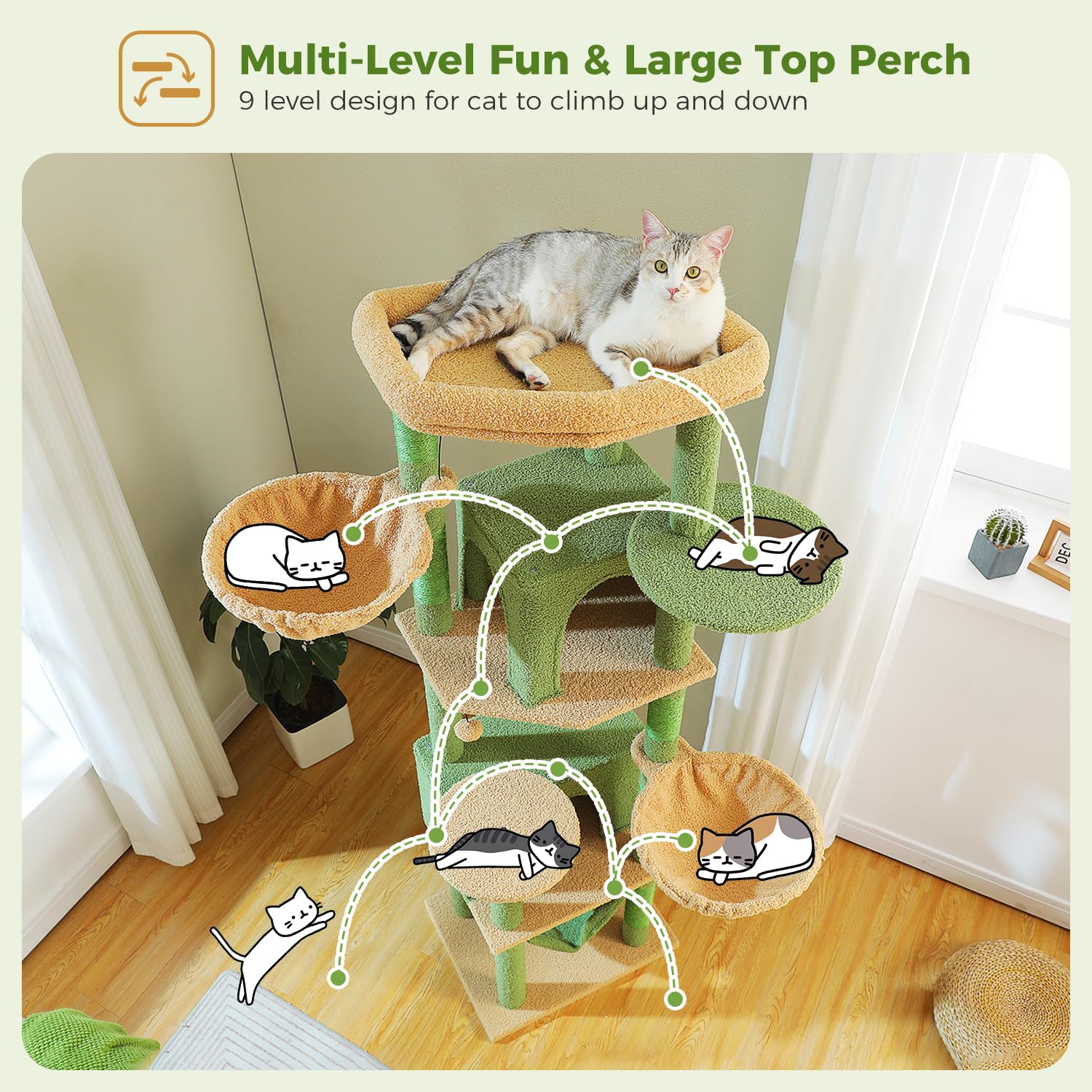 Pawz Road Tall Cat Tower, 70 Inch Cat Tree With Hammock, 5 Scratching Posts, 2 Condos And A Large Top Perches For Large Cats-Cac