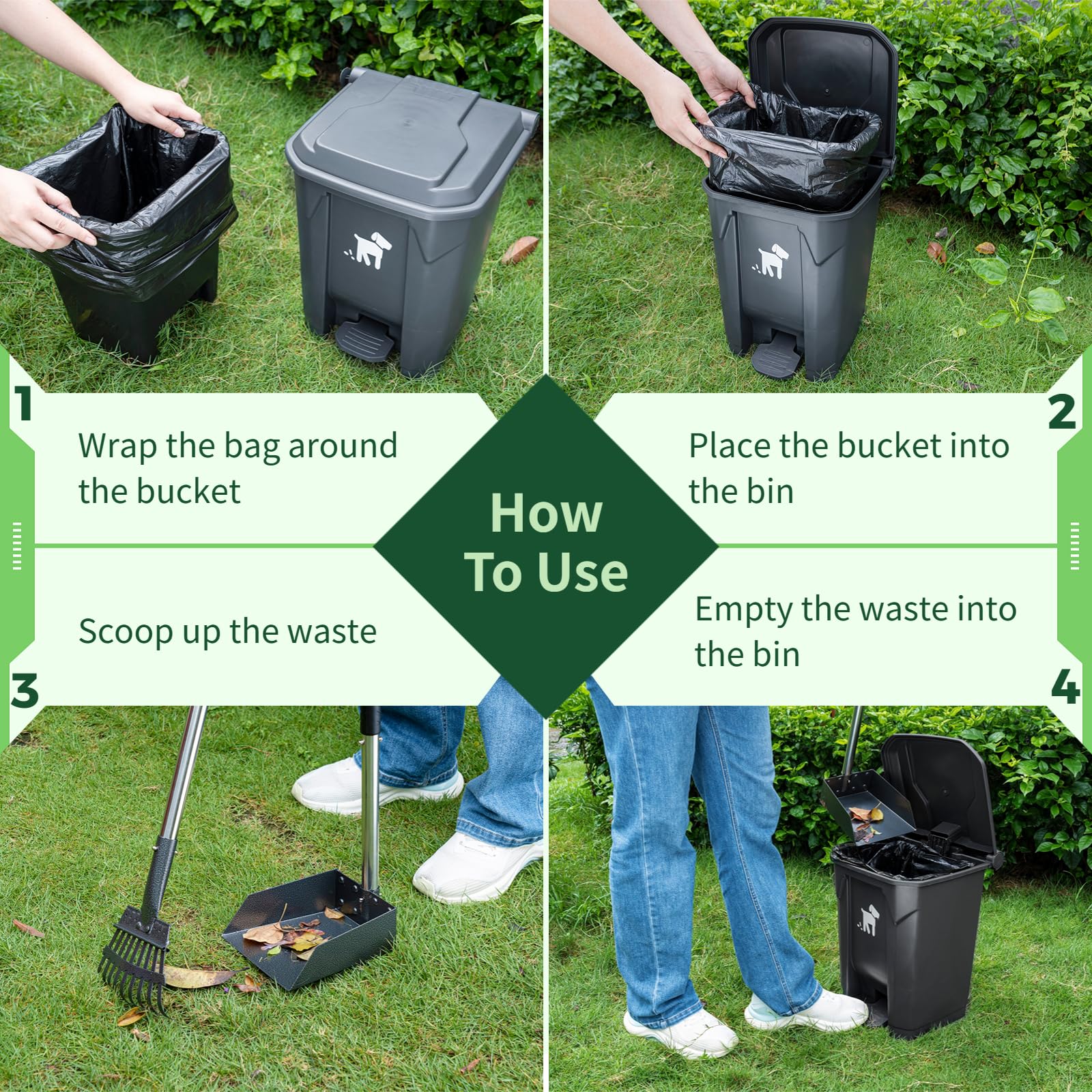 Biubiucat Dog Pooper Scooper, Dog Poop Trash Can Set With Removable Inner Bucket, Long Handle Rake, 150 Waste Bags, Easy Pick Up
