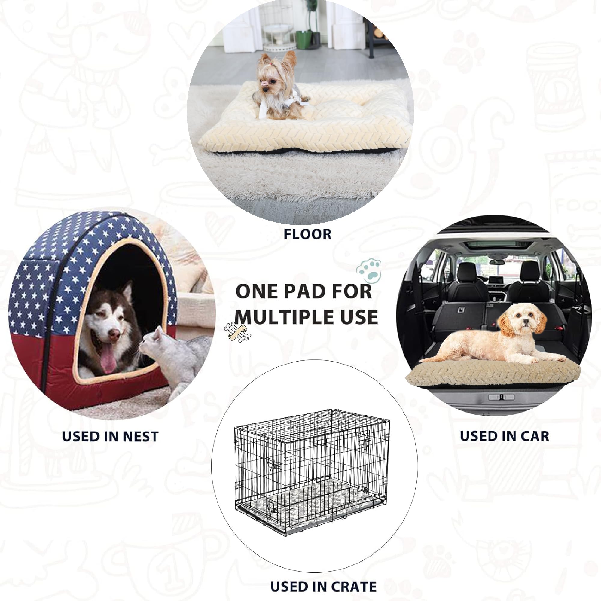 24 Inch Dog Crate Bed Mat for Cages, Washable Sleeping Mat for Small Dogs Up to 25 lbs, Soft and Fluffy Tire Printing, Rice Whit