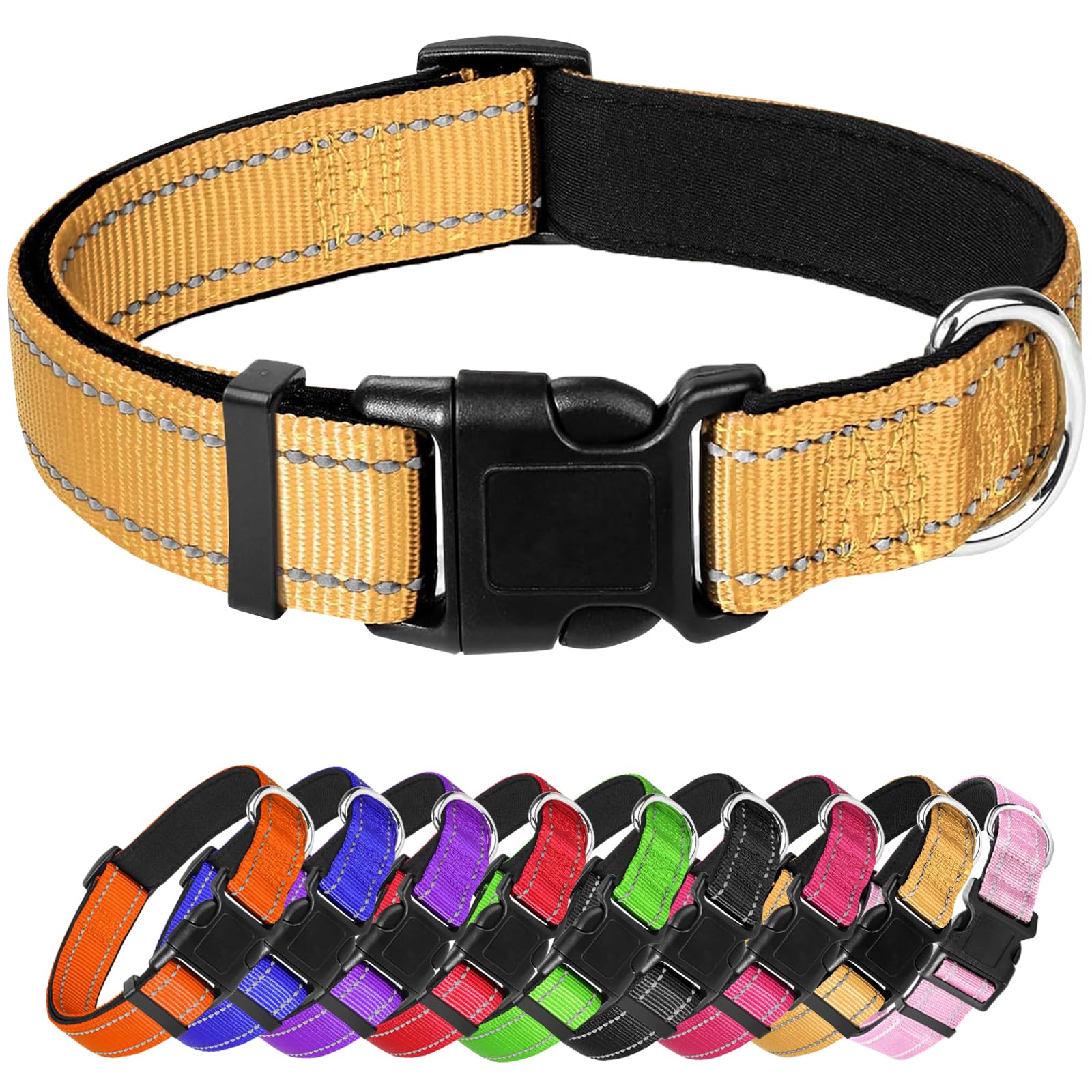 Yellow Dog Collar, Reflective Pet Collar with Buckle Adjustable Safety Nylon Collars for Small Medium Large Dogs, XL