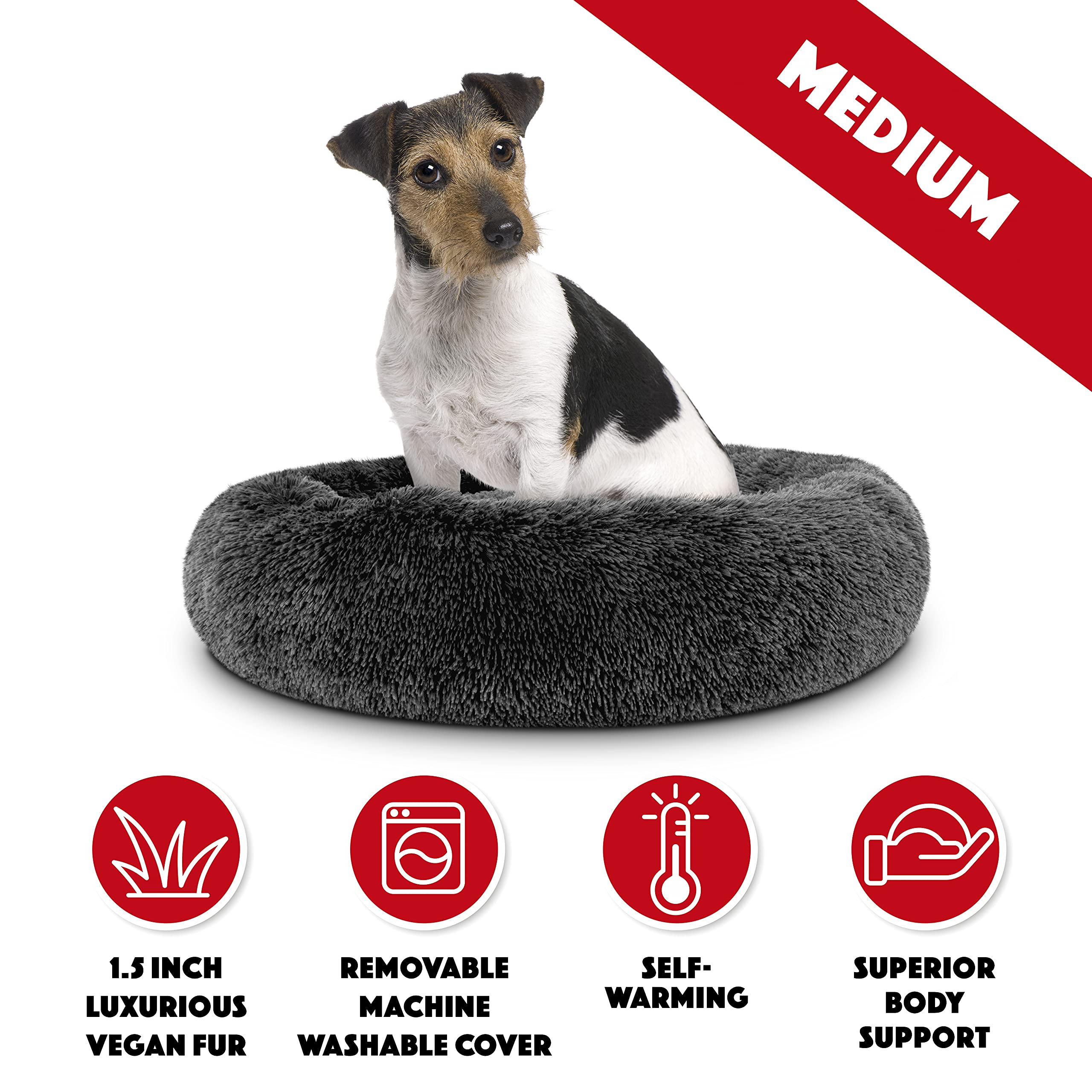 The Dogs Bed Sound Sleep Donut Dog Bed, Med Steel Grey Fur Calming Nest Bed, Veterinary Approved