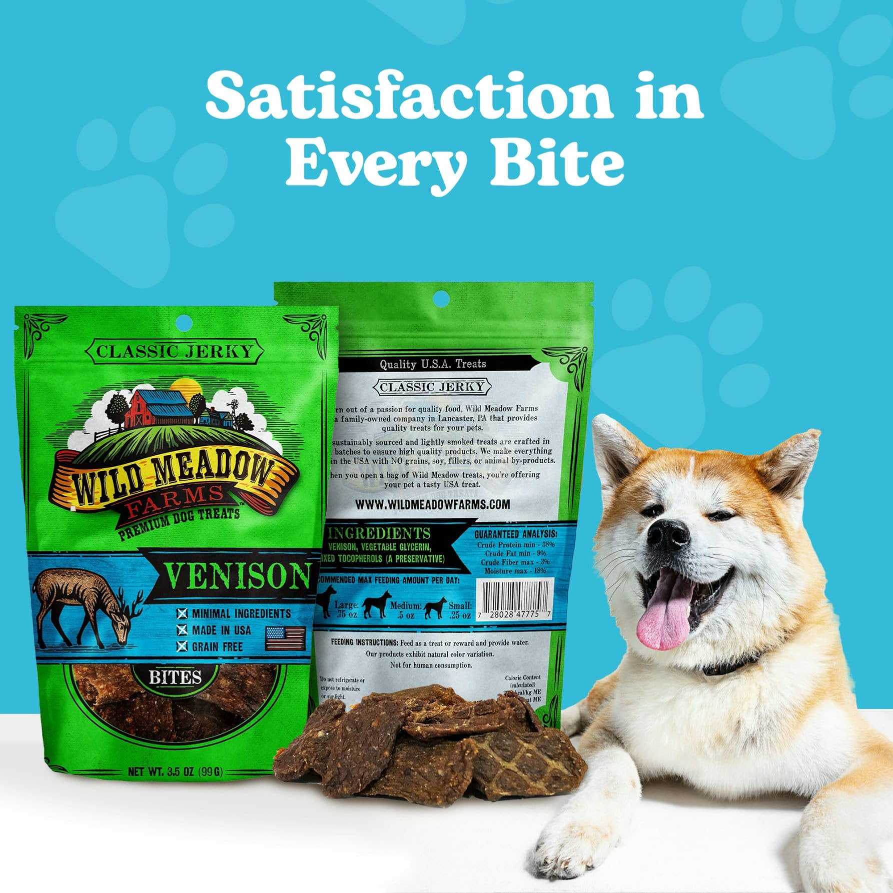 Wild Meadow Farms - Classic Venison Bites, Soft Jerky Treats for Dogs, Grain-Free & All-Natural, Ideal for Training, Portioning,