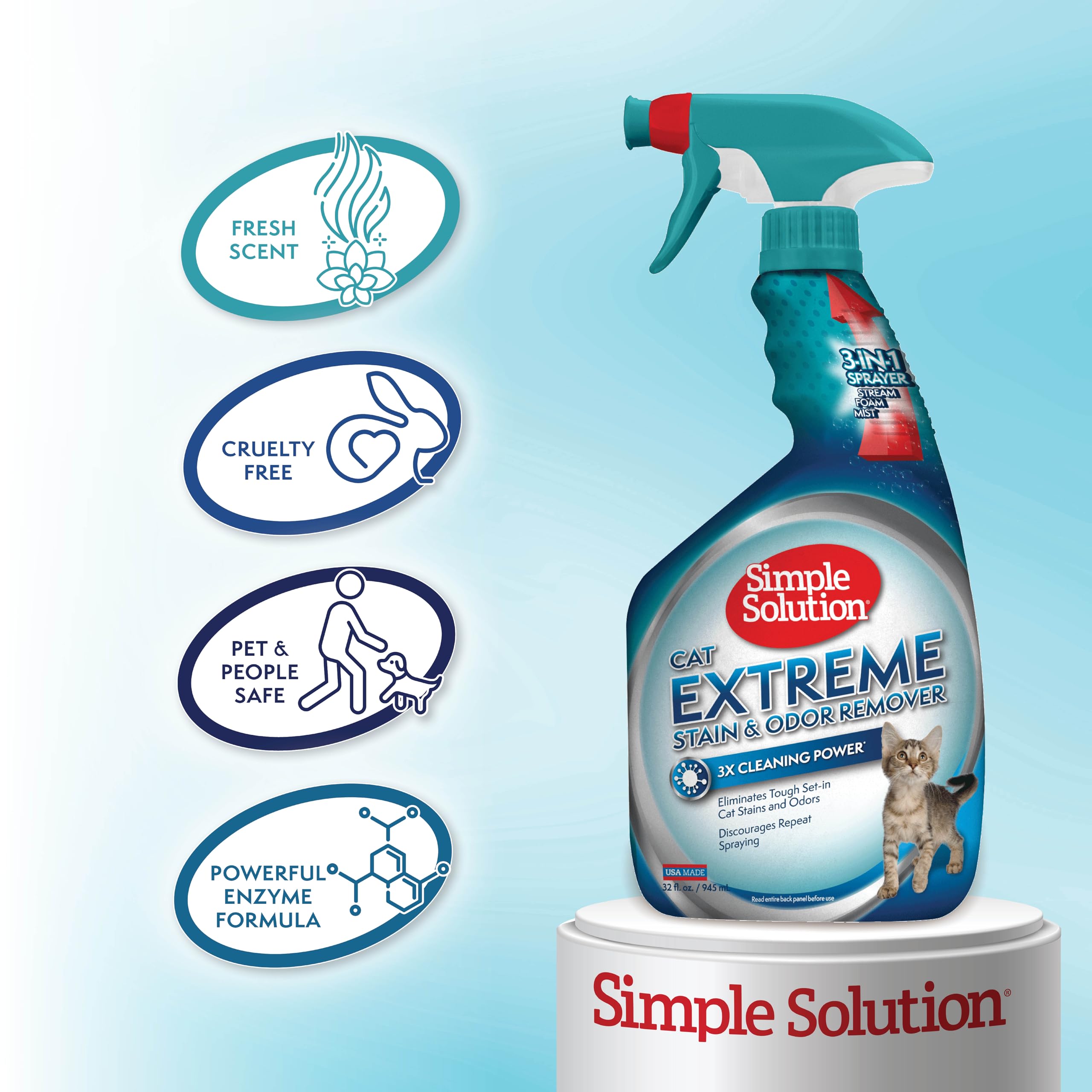 Simple Solution Cat Extreme Pet Stain And Odor Remover - Enzymatic Cleaner With 3X Pro-Bacteria Cleaning Power - 32 Ounces