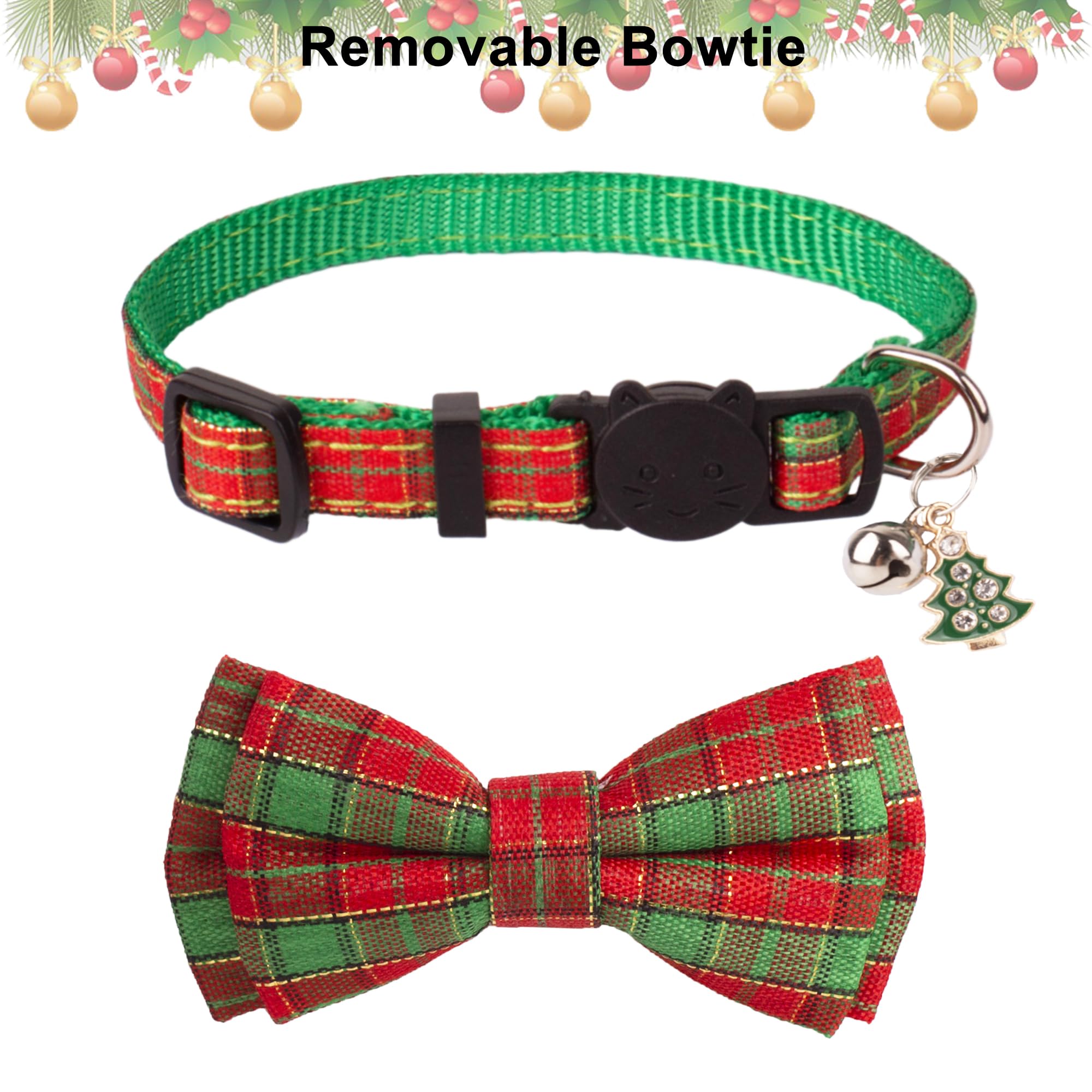 Adoggygo Christmas Cat Collars With Bow Bell, Breakaway Red Green Plaid Christmas Bowtie Collars For Girl Boy Cats Kittens