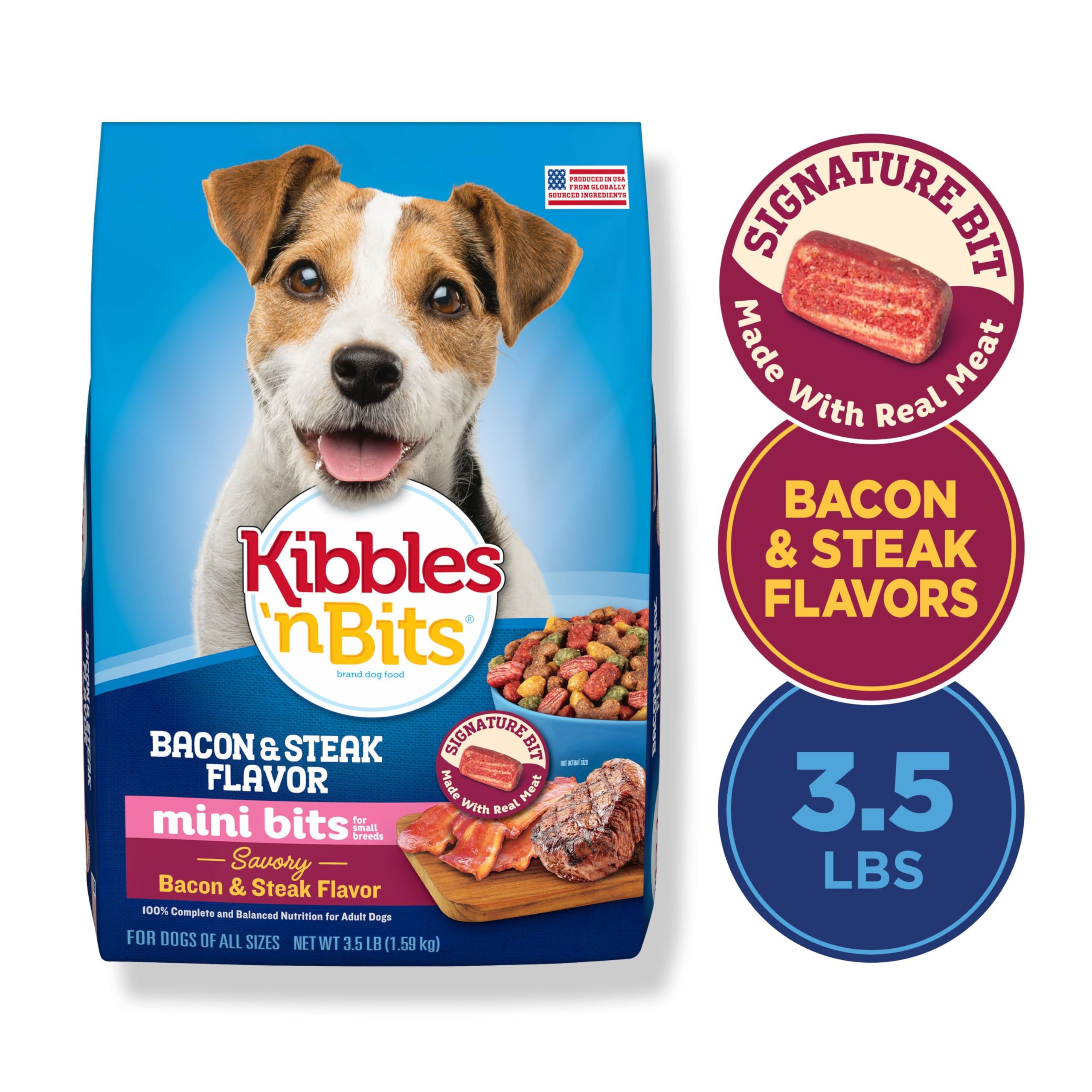 Kibbles n Bits Mini Bits Small Breed Savory Bacon & Steak Flavor Dry Dog Food, 3.5 lb. Bag
