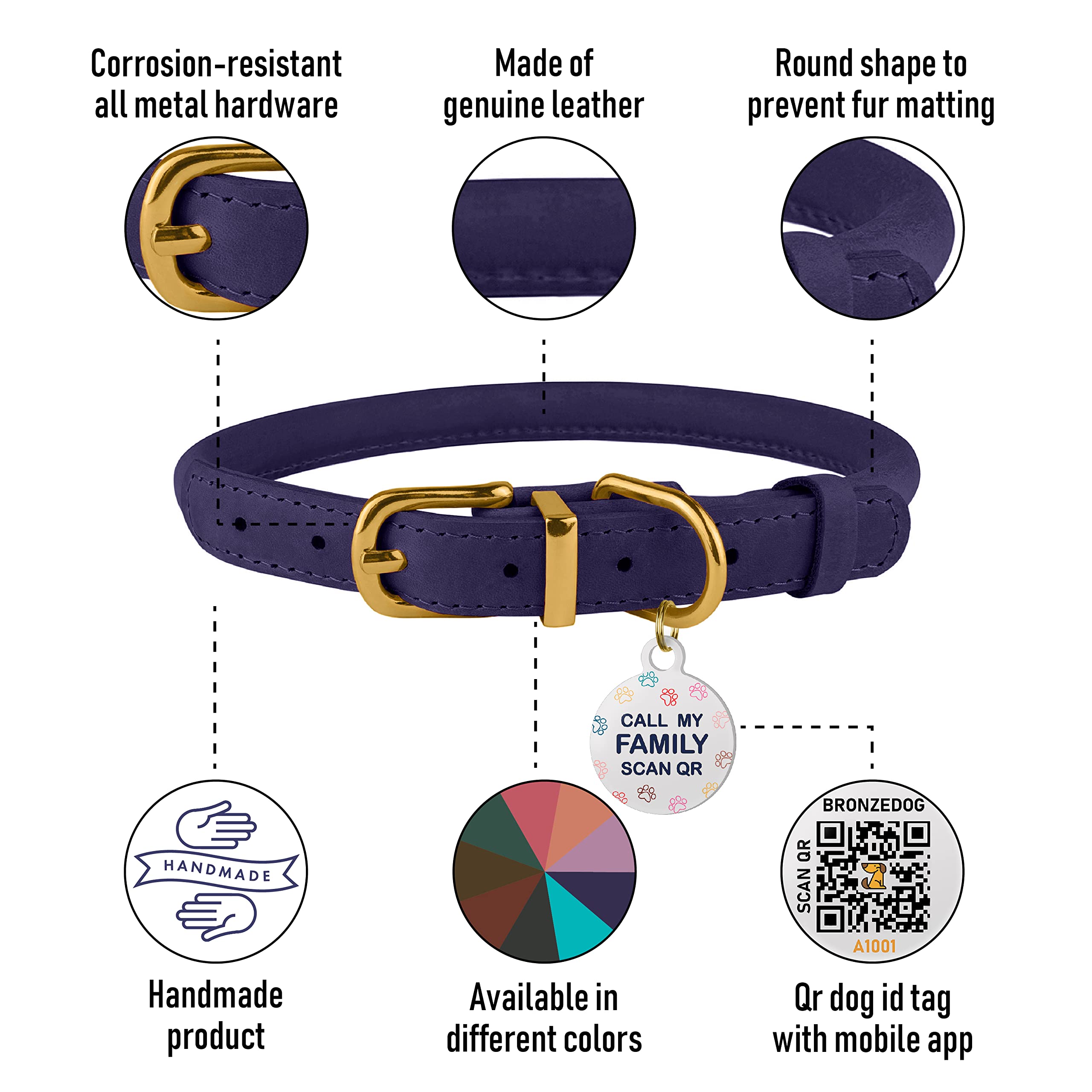Bronzedog Rolled Leather Dog Collar With Qr Id Tag, Adjustable Soft Round Collars For Small Medium Large Dogs Puppy (9'' - 11''