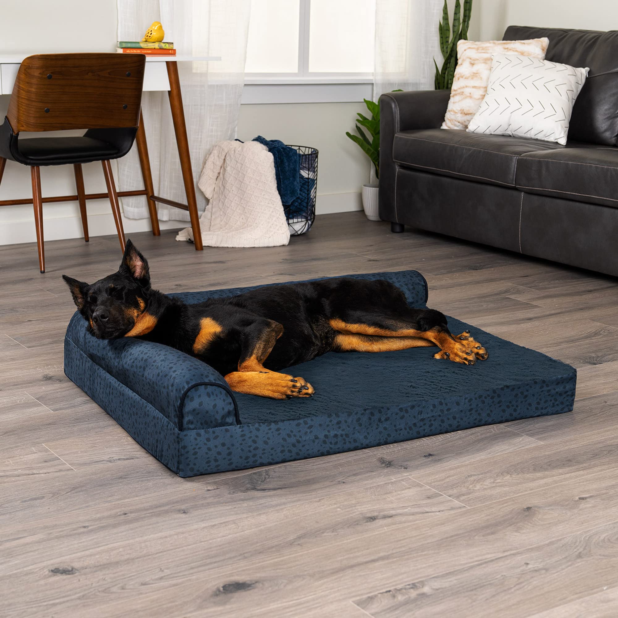 Furhaven Orthopedic Dog Bed For Large Dogs W/ Removable Bolsters & Washable Cover, For Dogs Up To 95 Lbs - Plush & Almond Print