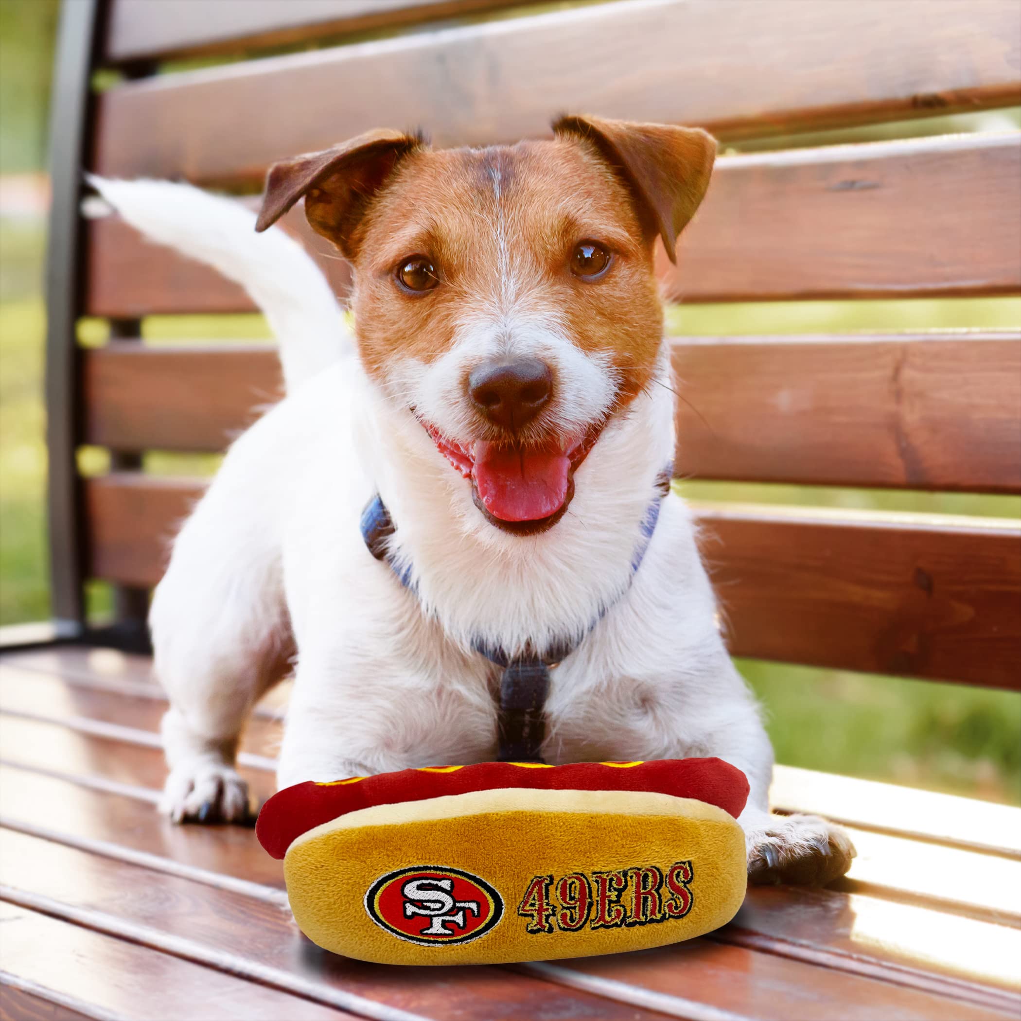 Pets First NFL SAN Francisco 49ERS HOT Dog Plush Dog & CAT Squeak Toy - Cutest HOT-Dog Snack Plush Toy for Dogs & Cats with Inne