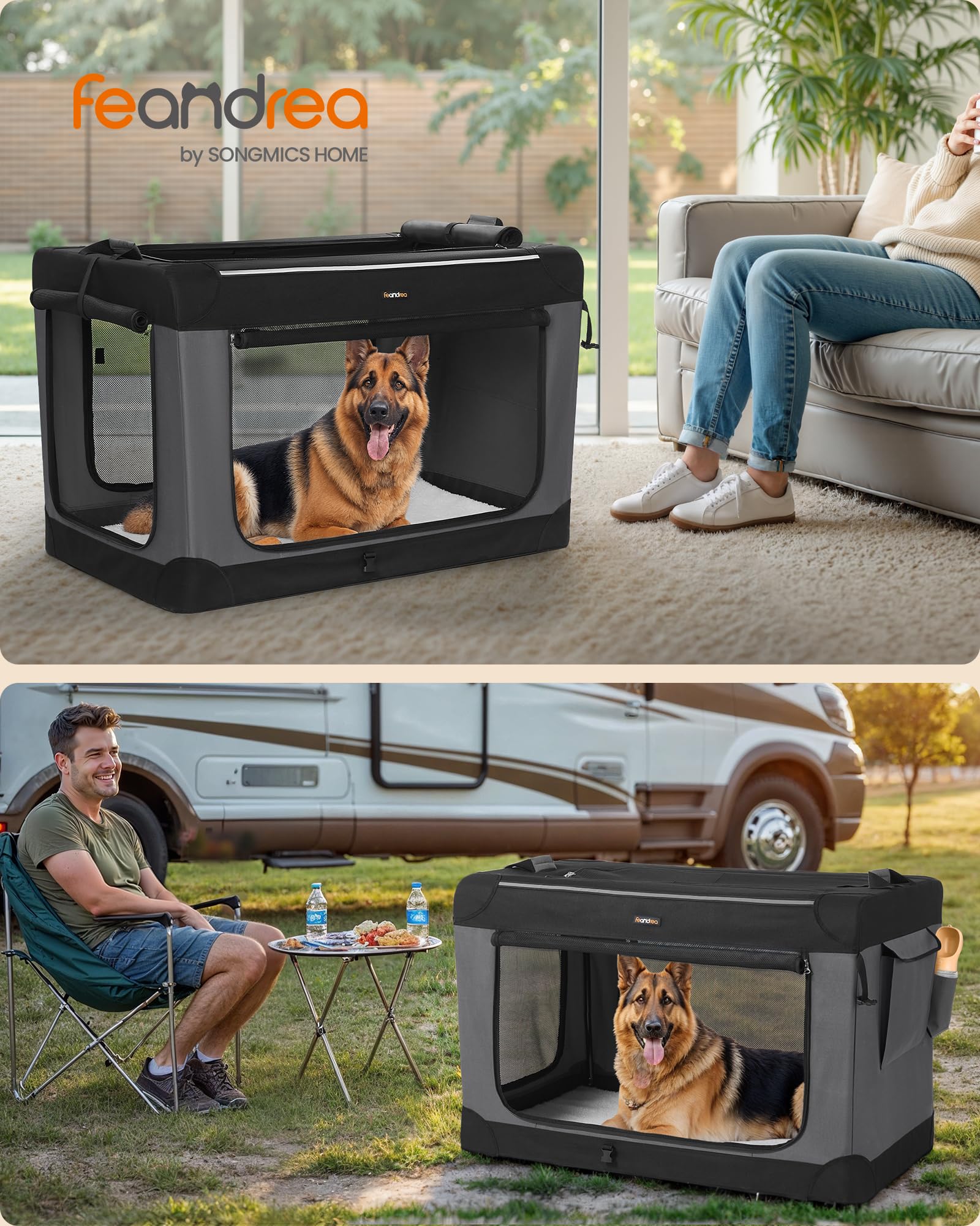 Feandrea Collapsible Dog Crate, 42-Inch Portable Dog Travel Crate for Extra Large Dogs, Oxford Fabric Pet Carrier with 4 Mesh Do