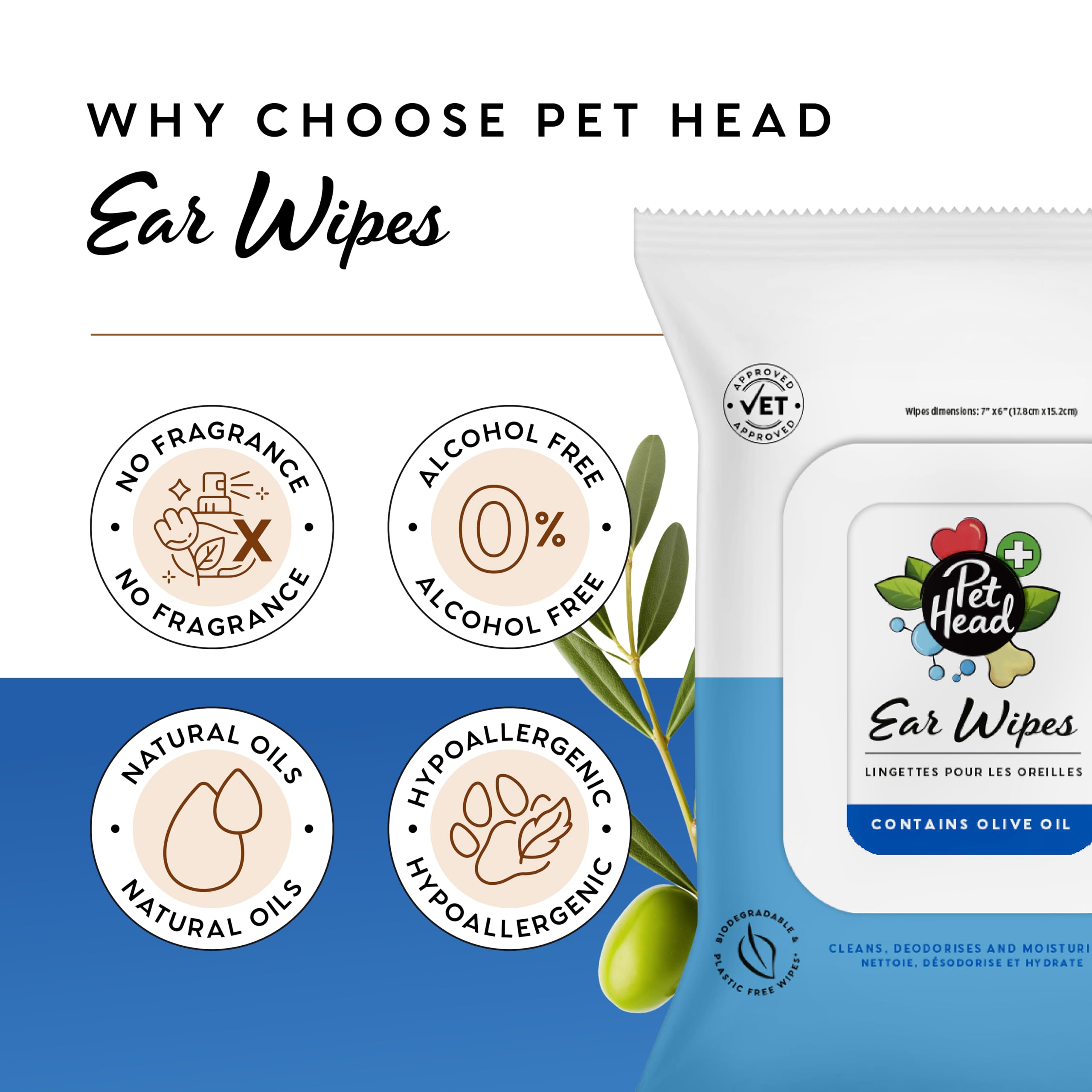 Pet Head Health Ear Wipes For Cats And Dogs | Fragrance-Free | Cleans, Deodorizes And Moisturizes | Removes Dirt, Wax, Discharge
