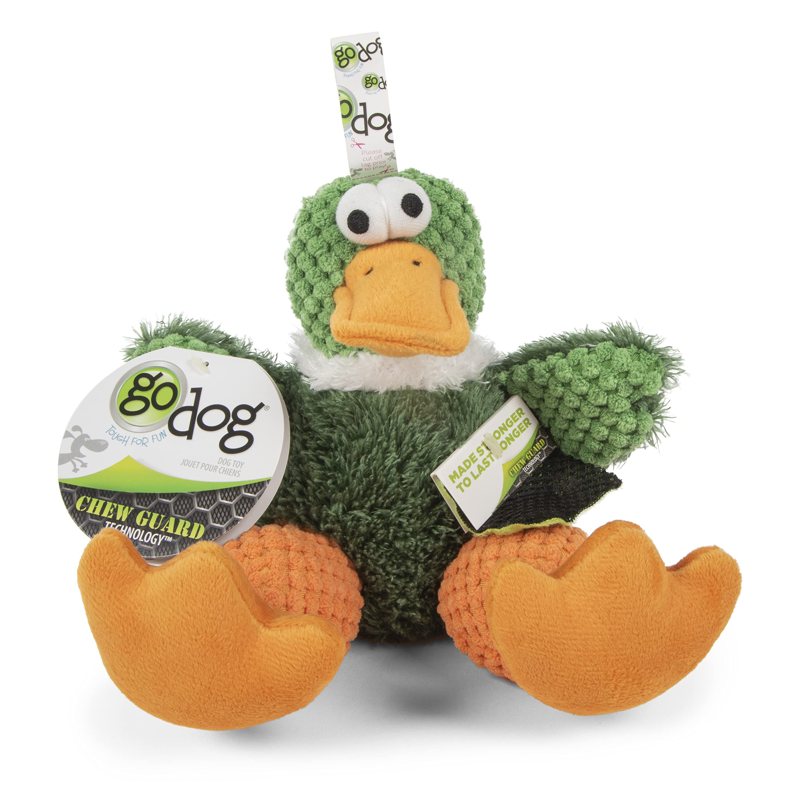 Godog Checkers Sitting Duck Squeaky Plush Dog Toy, Chew Guard Technology - Green, Small