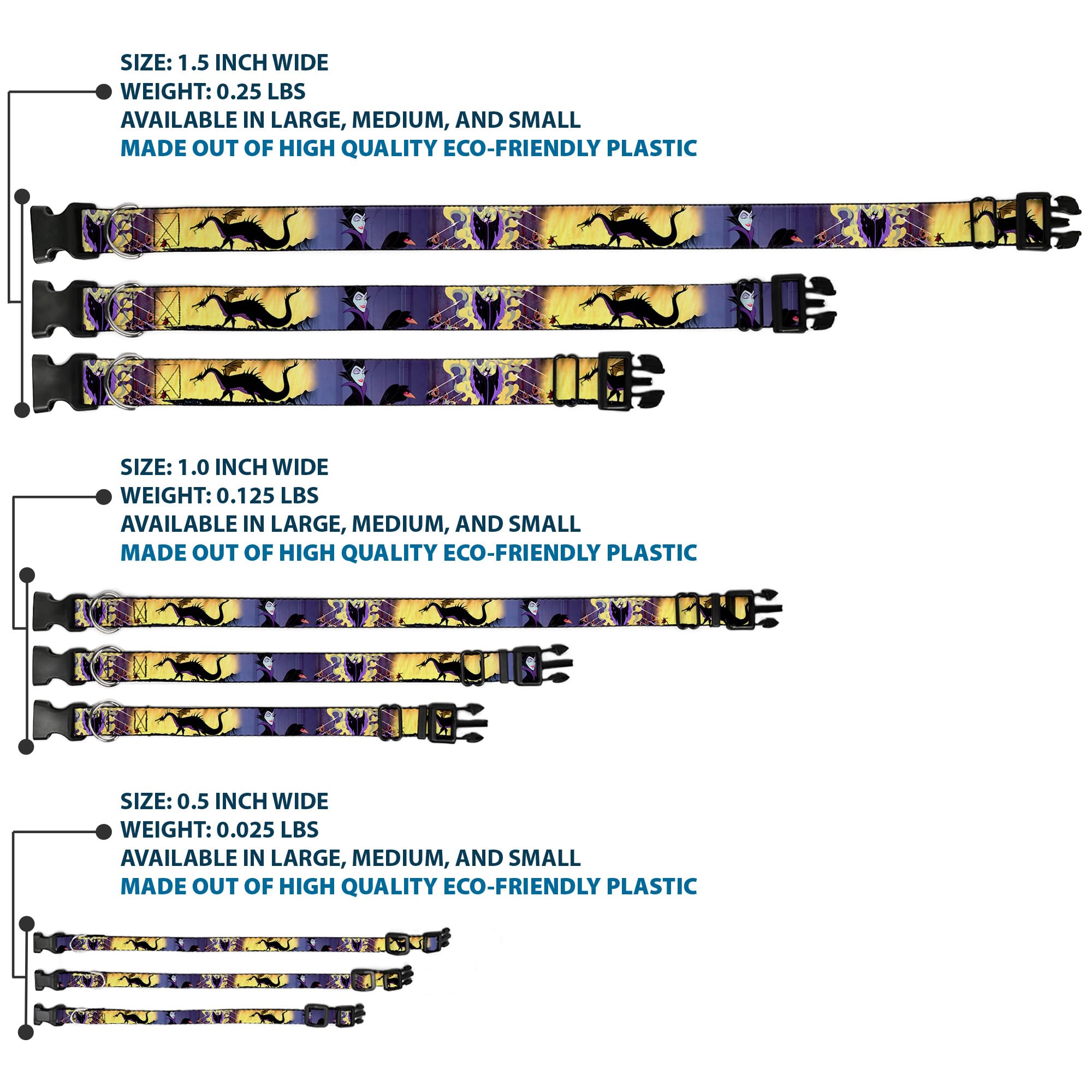 Buckle-Down Plastic Clip Collar - Maleficent Poses - 1.5' Wide - Fits 13-18' Neck - Small