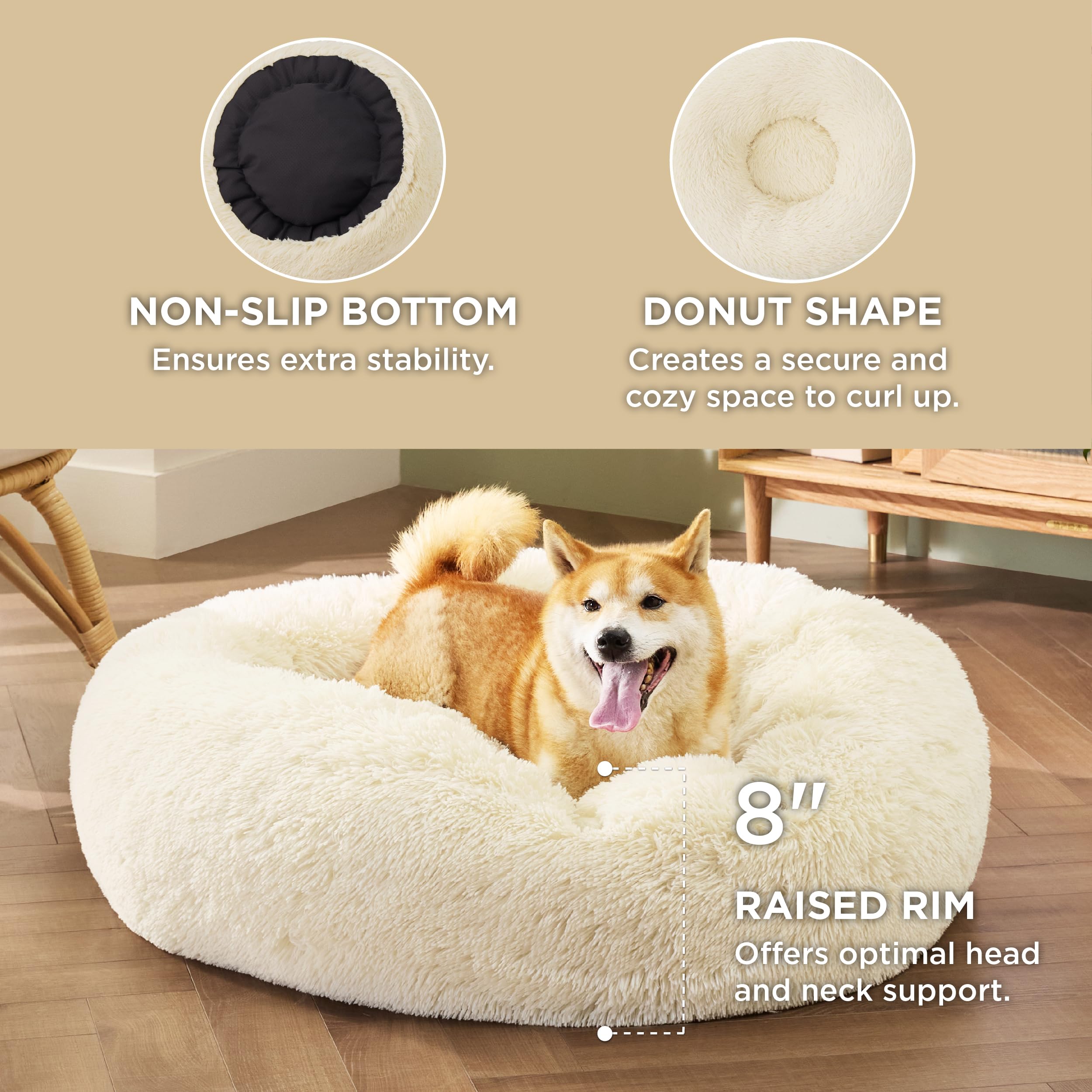 Bedsure Calming Dog Bed For Medium Dogs - Donut Washable Medium Pet Bed, Anti-Slip Round Fluffy Plush Faux Fur Cat Bed, Fits Up