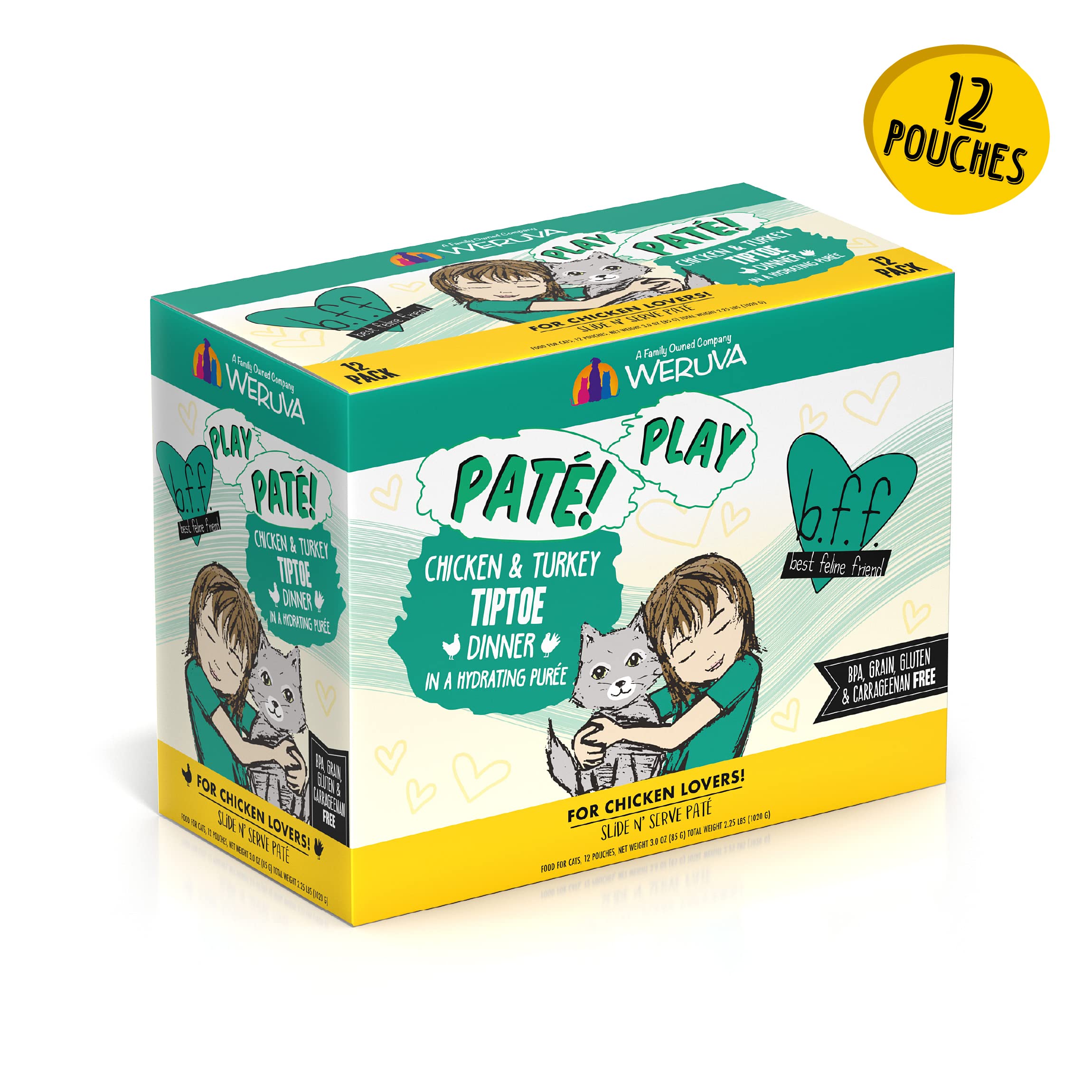 B.F.F. PLAY - Best Feline Friend Pat   Lovers, Aw Yeah!, Chicken & Turkey Tiptoe with Chicken & Turkey, 3oz Pouch (Pack of 12)