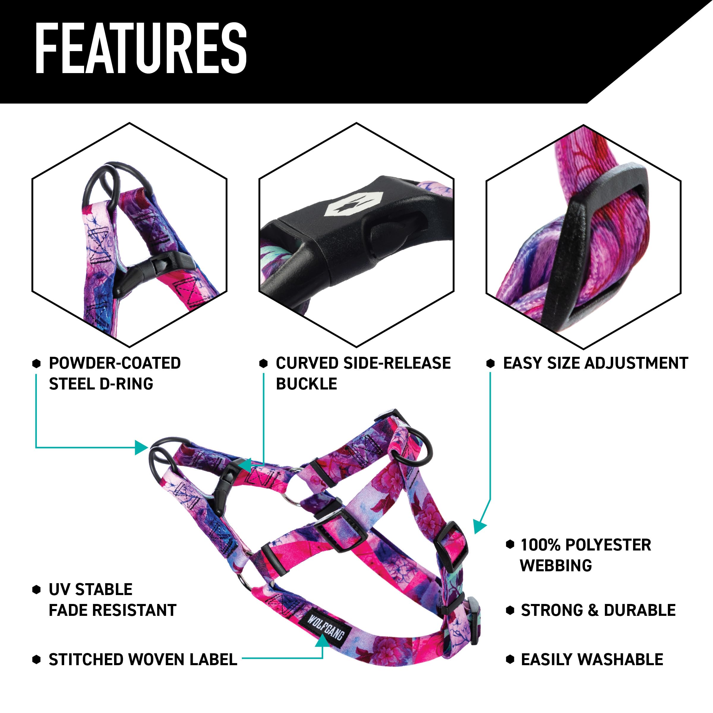 Wolfgang Heavy Duty Adjustable Dog Harness, Pull-Tested to Over 800 lbs for Walking & Training, Daydream Print, Medium