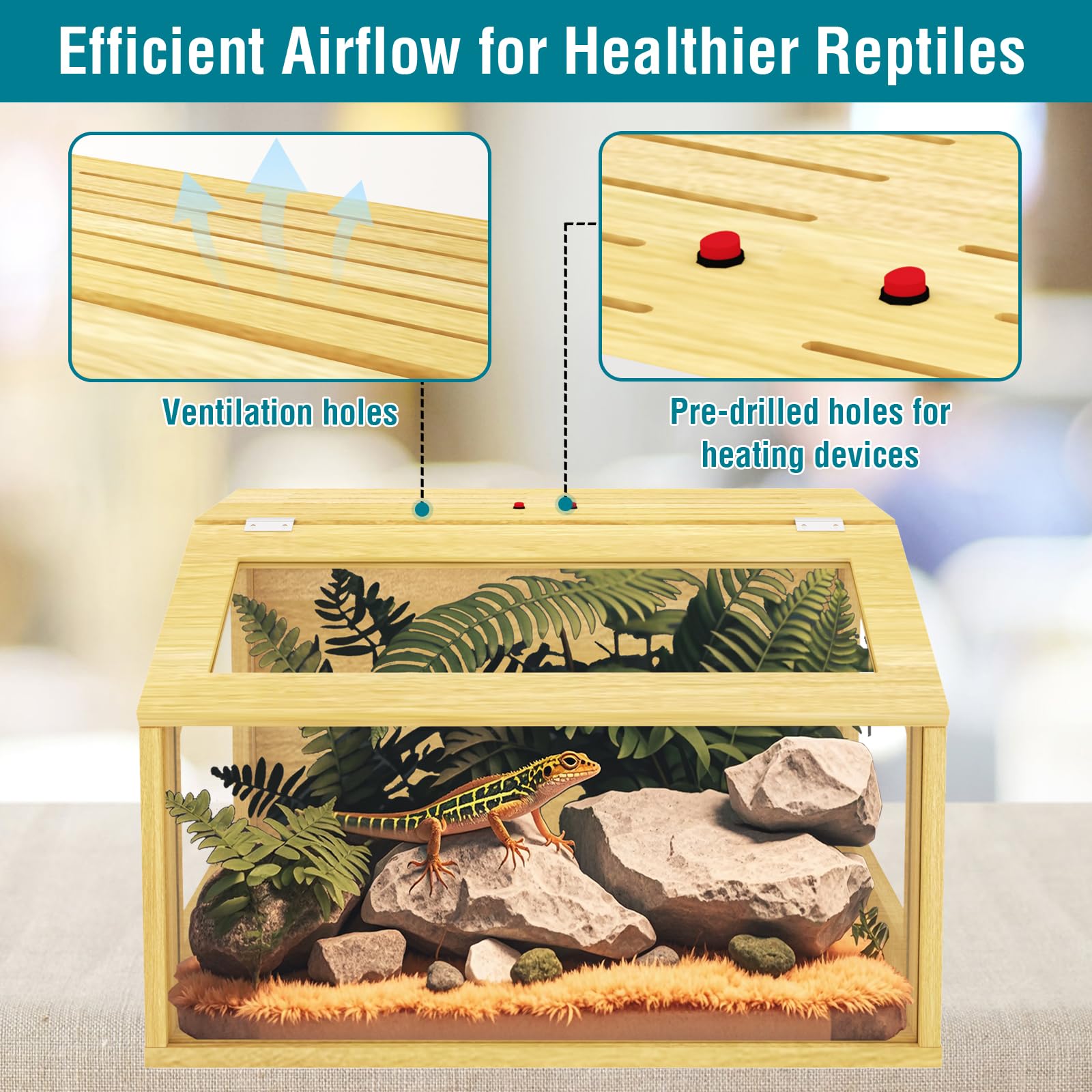 25 Gallon Reptile Tank, Wooden Bearded Dragon Terrarium Tank With Top Ventilation, Large Reptile Enclosure For Snake, Lizard, An