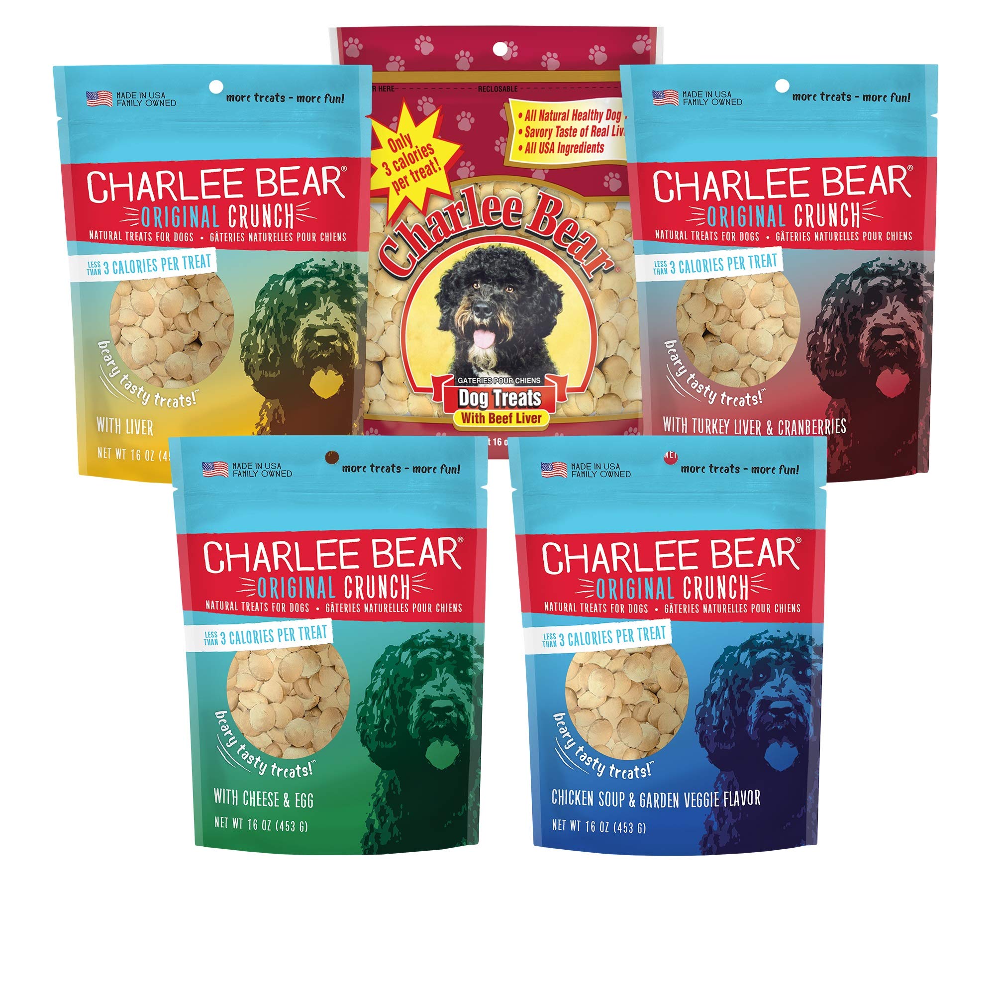 Charlee Bear Original Crunch Dog Treats-Variety Pack, 16oz Bags (5 Different Flavors), Natural Training Treats for Puppies to Ad