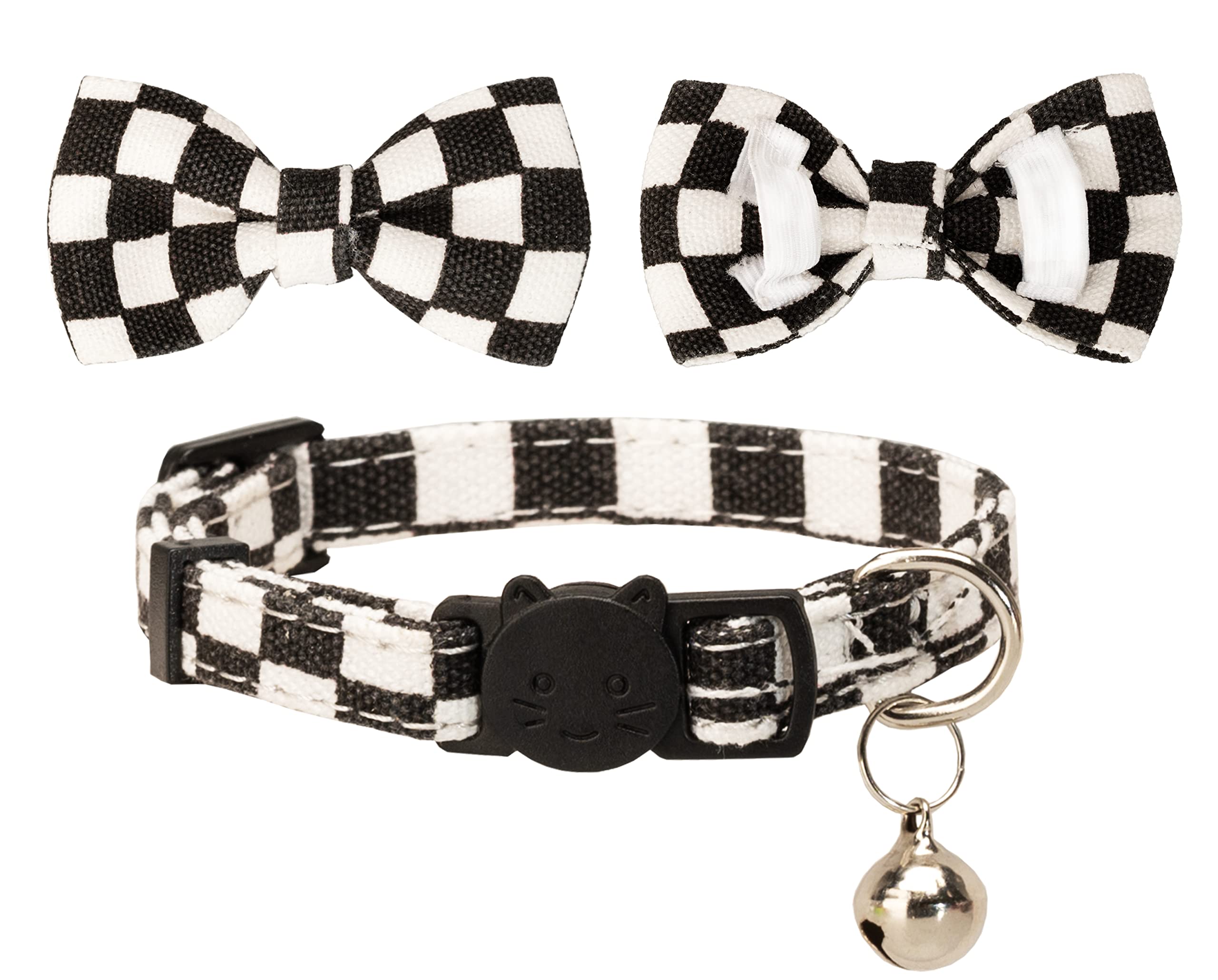 Gyapet Collar For Cats Pets Breakaway With Bell Bowtie Floral Bow Detachable Adjustable Safety Puppy 2Pcs Plaid & Solid-Black