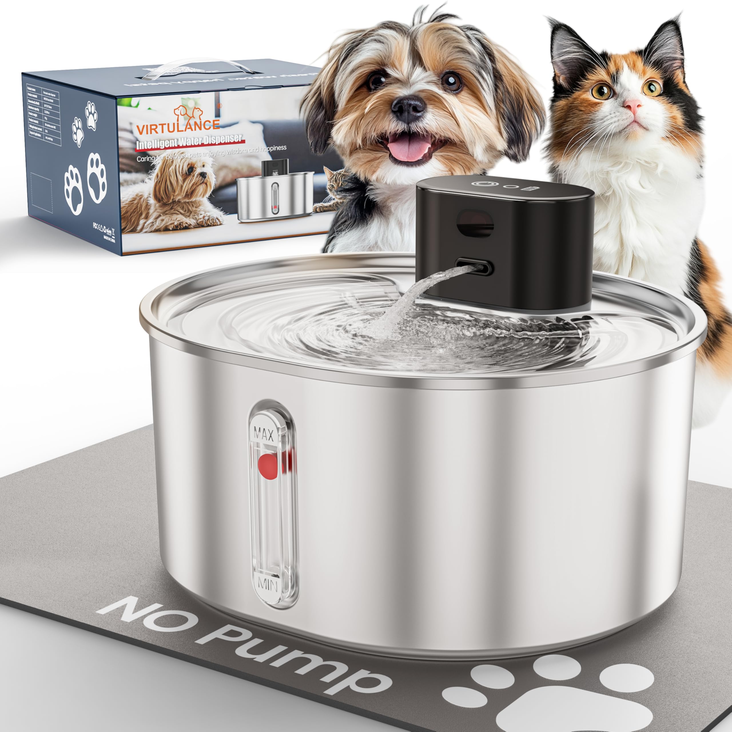 Virtulance No Pump Cat Water Fountain With 3 Filter - 3.2L/108Oz Stainless Steel No Pump Pet Water Fountain, Cordless No Pump Wa