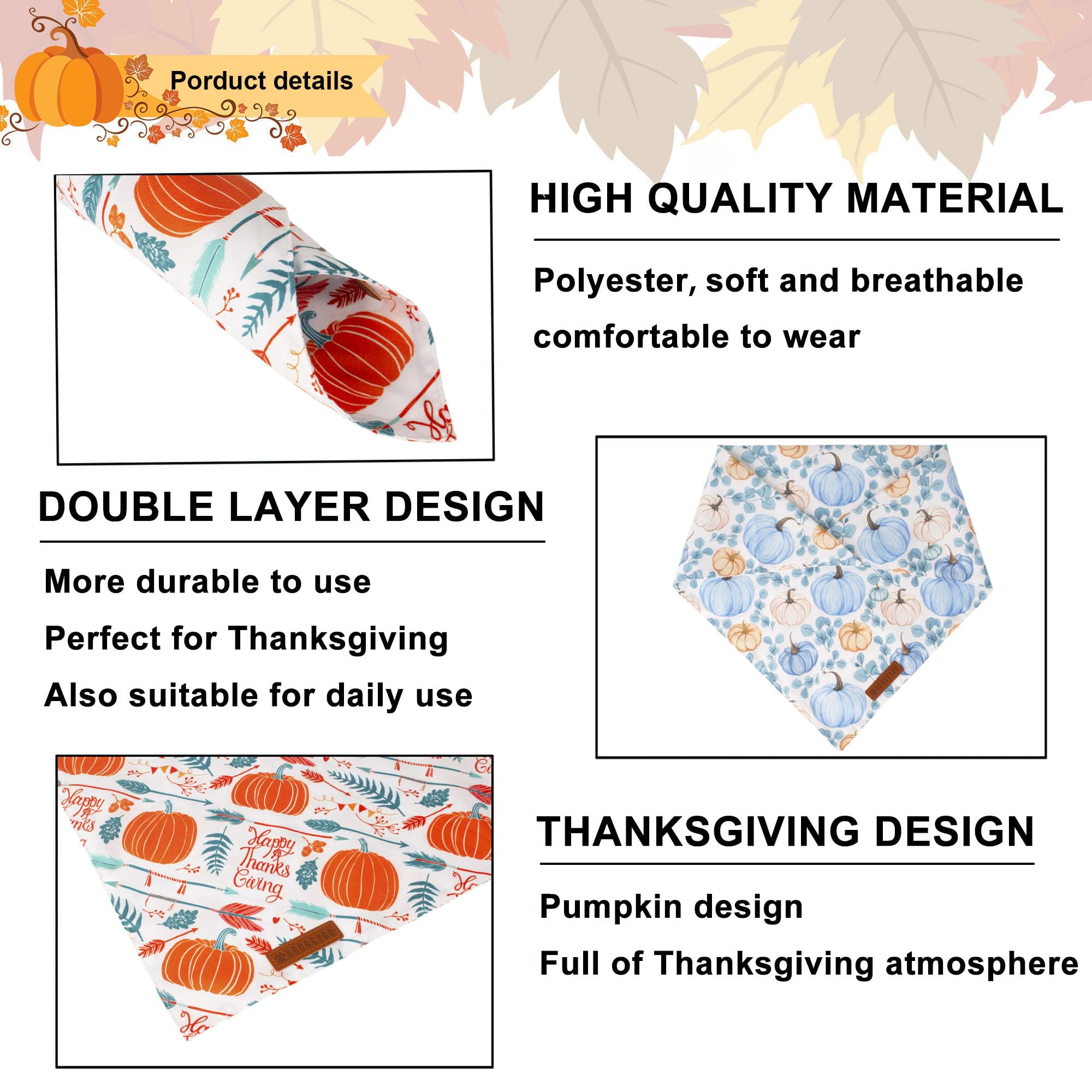 ADOGGYGO Thanksgiving Dog Bandana, Fall Leaves Pumpkin Pet Scarf, Premium Durable Fabric, Adjustable Fit Thanksgiving Bandanas f