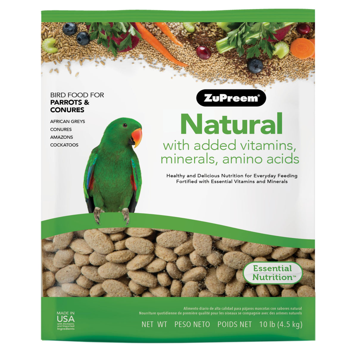 Zupreem Natural Bird Pellets, Daily Bird Food For Parrot, Conure, Caique, African Grey, Eclectus, Small Cockatoo, Core Nutrition For Medium Large Birds, Added Vitamins, Parrot Food (M/L, 10 Lb)