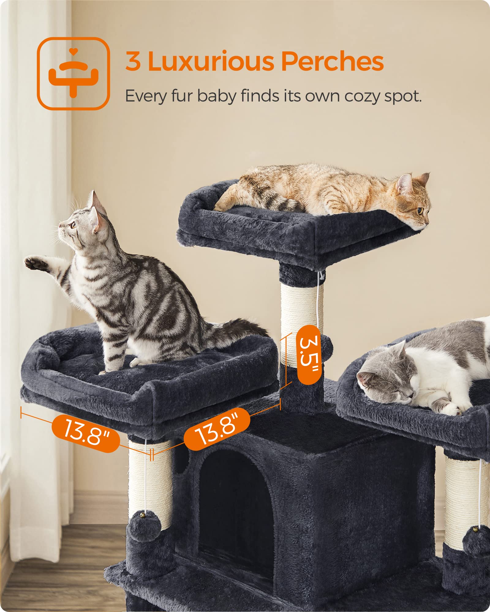 Feandrea 67-Inch Multi-Level Cat Tree For Large Cats, With Cozy Perches, Stable, Smoky Gray Upct18G