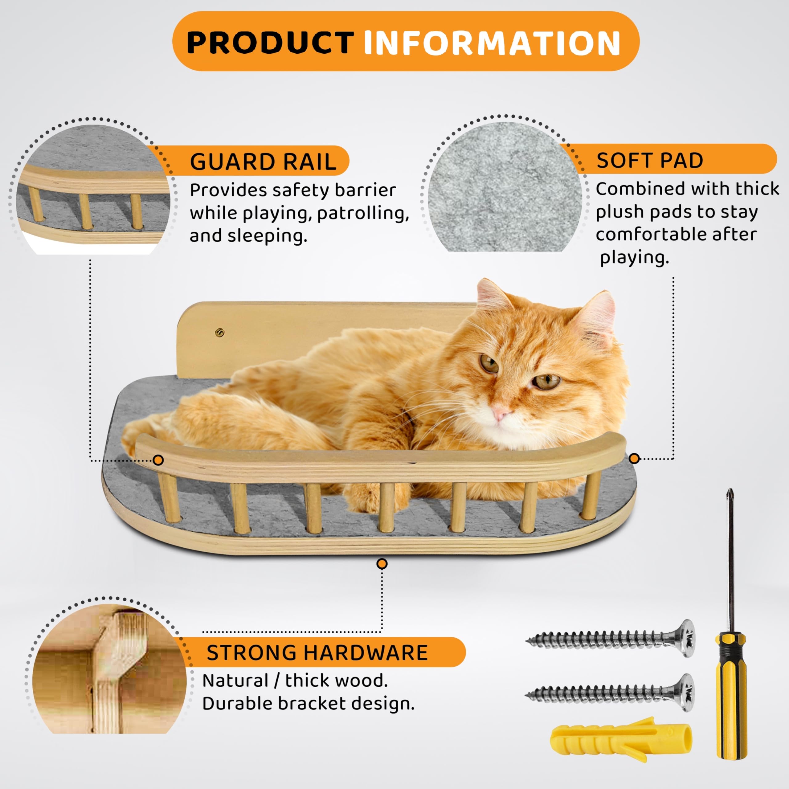 Buoga - Large Cat Wall Shelves + 3 Cat Wall Steps, Cat Tree, Cat Corner Shelf, Cat Shelf, Cat Bed, Cat Scratcher, Cat Wall Furni