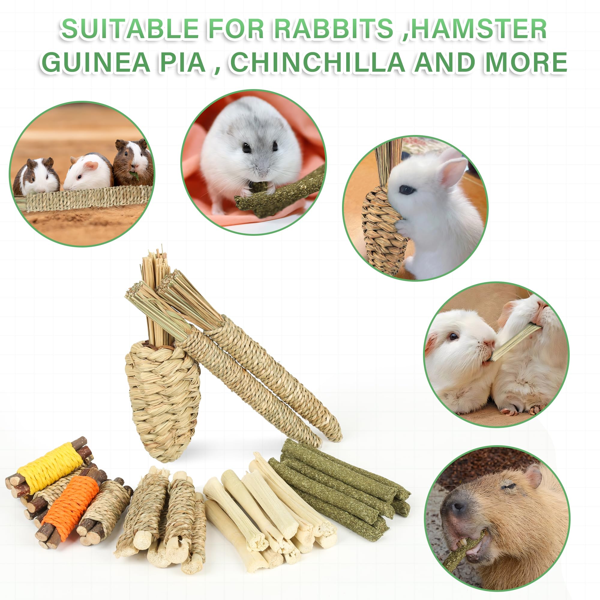 Wookiwuki Rabbit Toys 33Pcs, Natural Hay Hamster Chew Toys For Teeth, Handmade Dried Sweet Teething Grass Sticks Watercress Carr