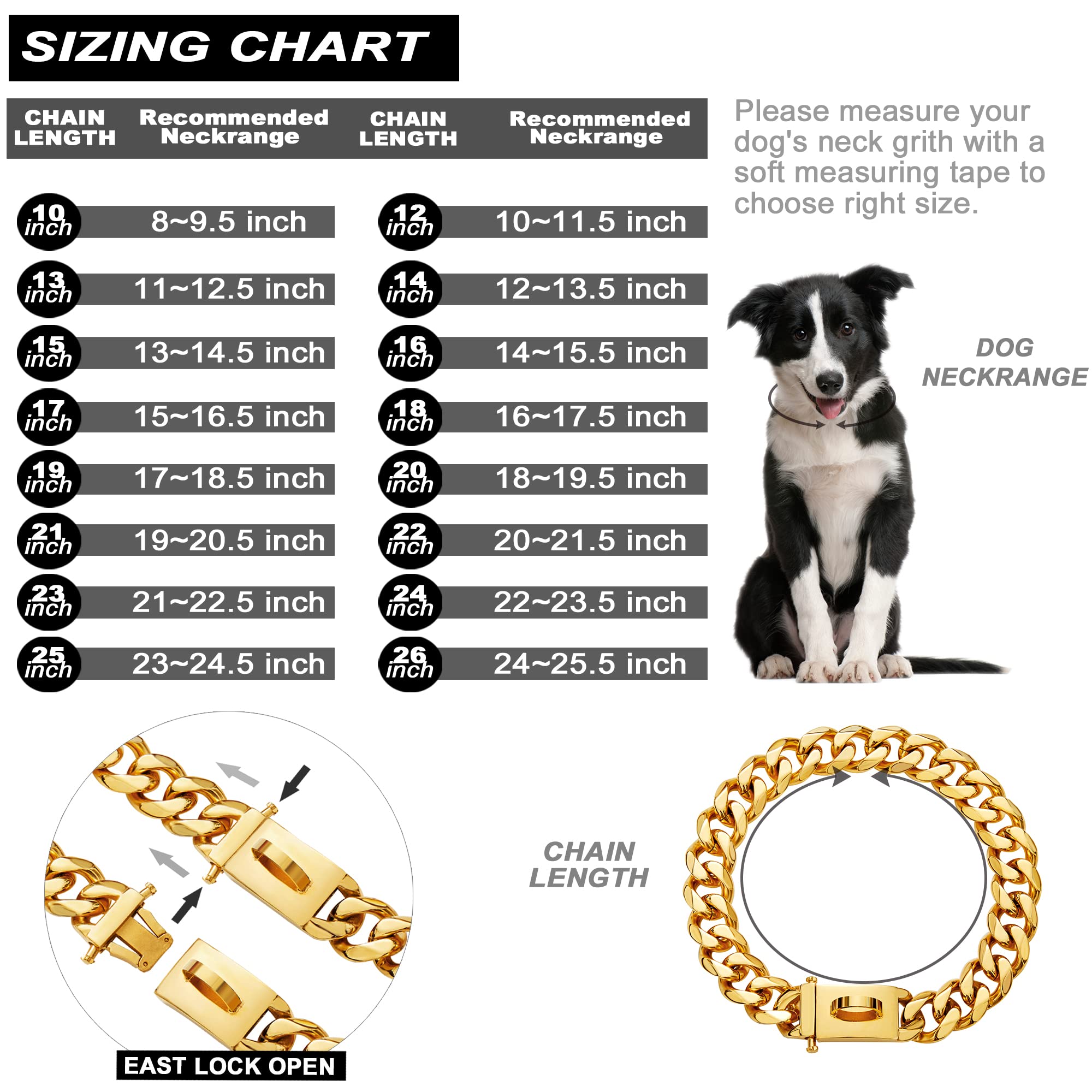 W/W Lifetime Dog Chain Collar Walking Training Collar With Design Secure Buckle 19Mm Black Cuban Link Strong Heavy Duty Chew Pro