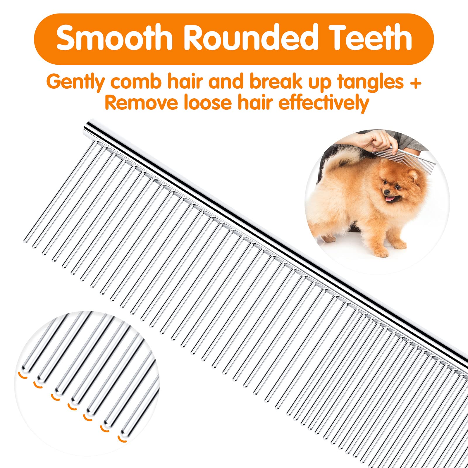 Pettom Pet Steel Grooming Tool Poodle Finishing Butter Comb 7 1/2-Inch L Silver Dog Combs With Rounded Ends Stainless Steel Teet
