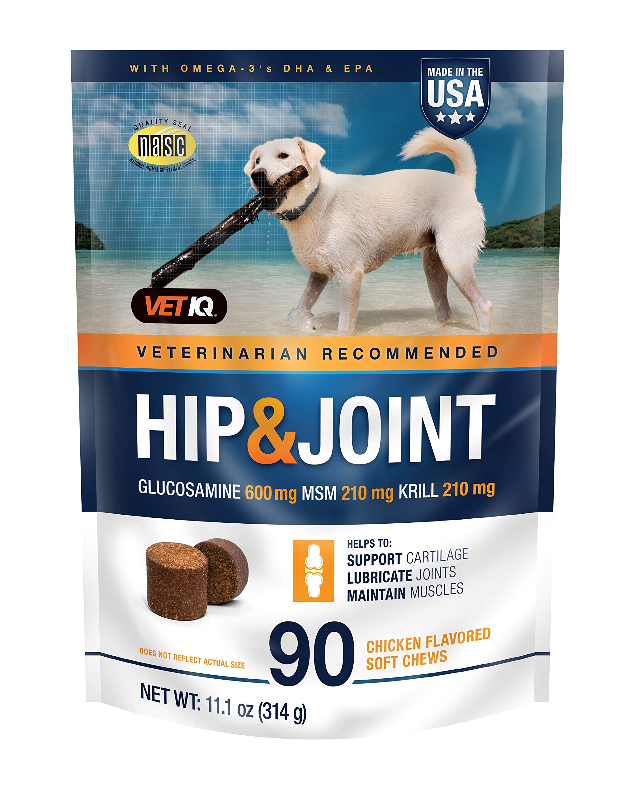 VetIQ Hip & Joint Supplement for Dogs, Anti Inflammatory Joint Support, Glucosamine, MSM, and Krill, Chicken Flavored Soft Chews