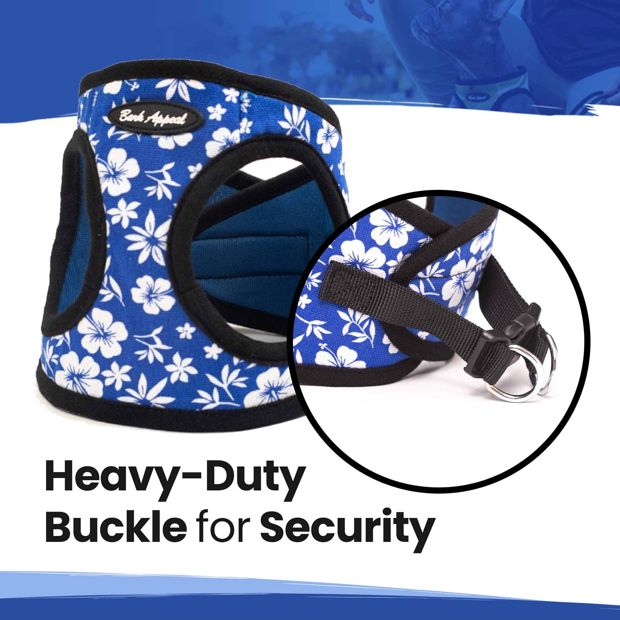 Bark Appeal Step-In Dog Harness, Mesh Step In Dog Vest Harness For Small & Medium Dogs, Non-Choking With Adjustable Heavy-Duty Buckle For Safe, Secure Fit - (Small, Blue Hibiscus)