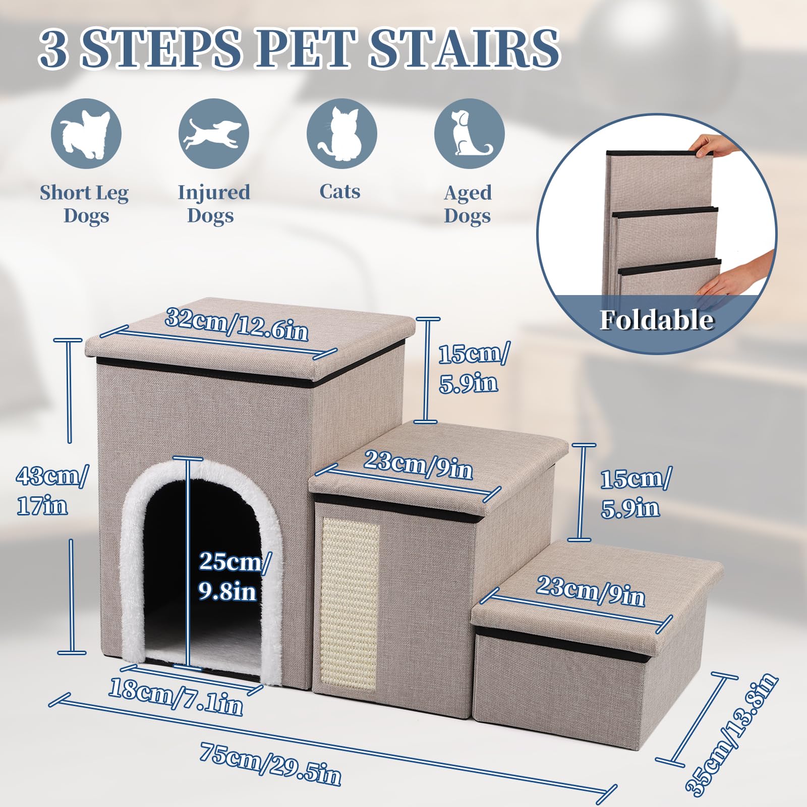Pet Steps For Bed And Couch, 17''H Foldable Stairs For Small Older Dogs And Cats, Adjustable With Storage, Ramps With Condo, Scr