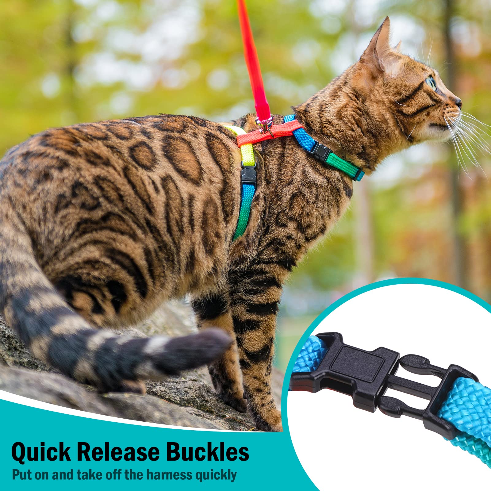 PUPTECK Adjustable Cat Harness and Leash Set Escape Proof Kitten Strap Collar for Walking Travel, Multicolor