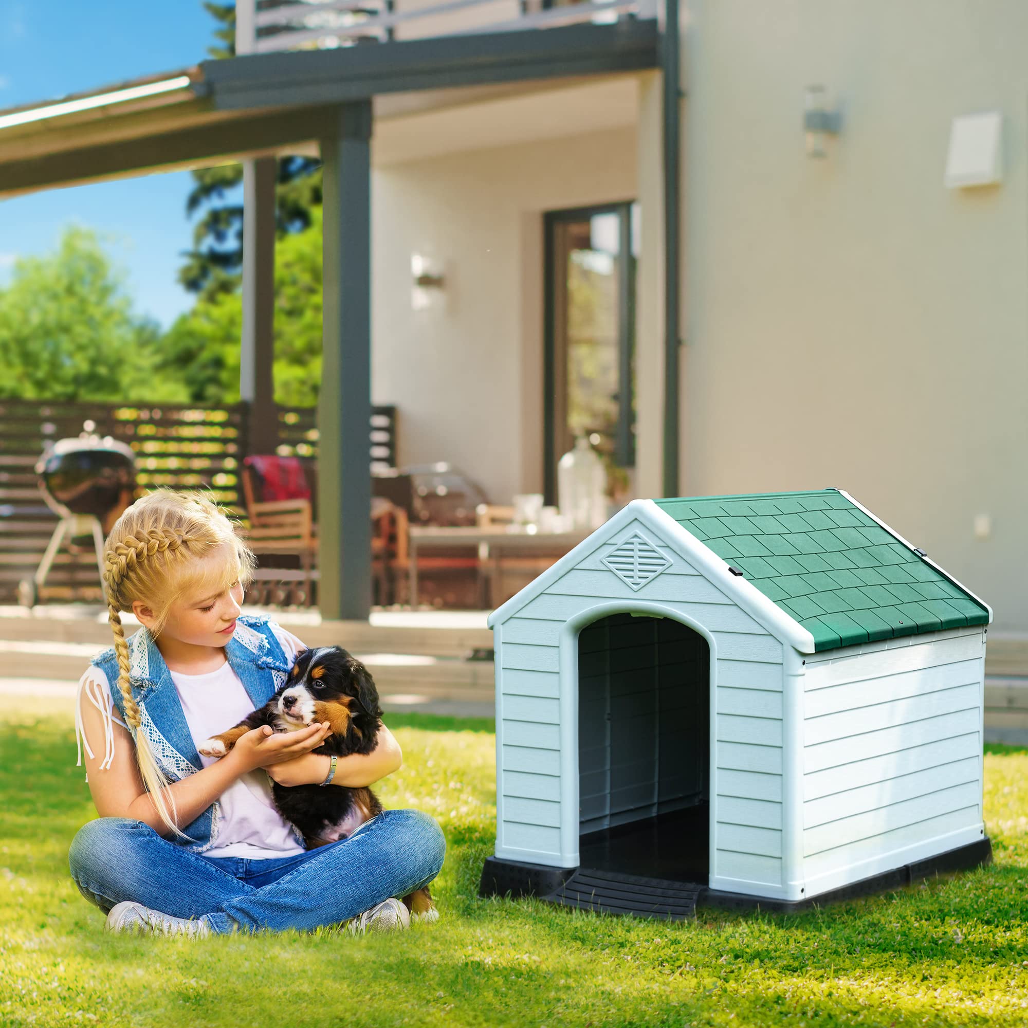 DWVO Large Outdoor Dog House, Plastic Doghouse with Air Vents and Ground Nails, Insulated Water Resistant Puppy Shelter for Smal