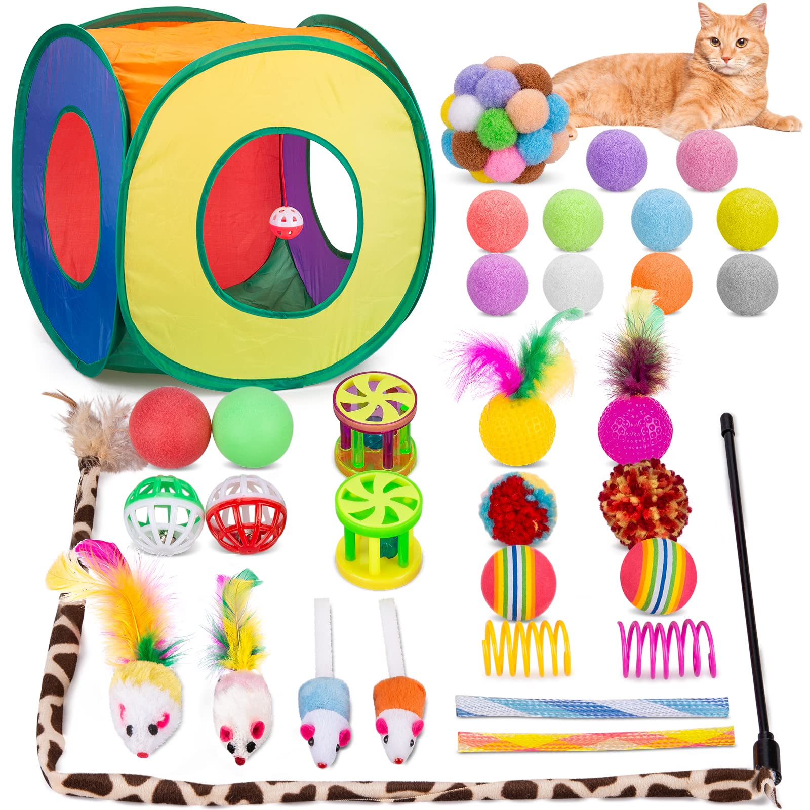 Retro Shaw Cat Toys Pack 33 Pcs, Interactive Kitten Toys For Indoor Cats Kitty With Collapsible Play Tunnel Tube Tent Feather Wa