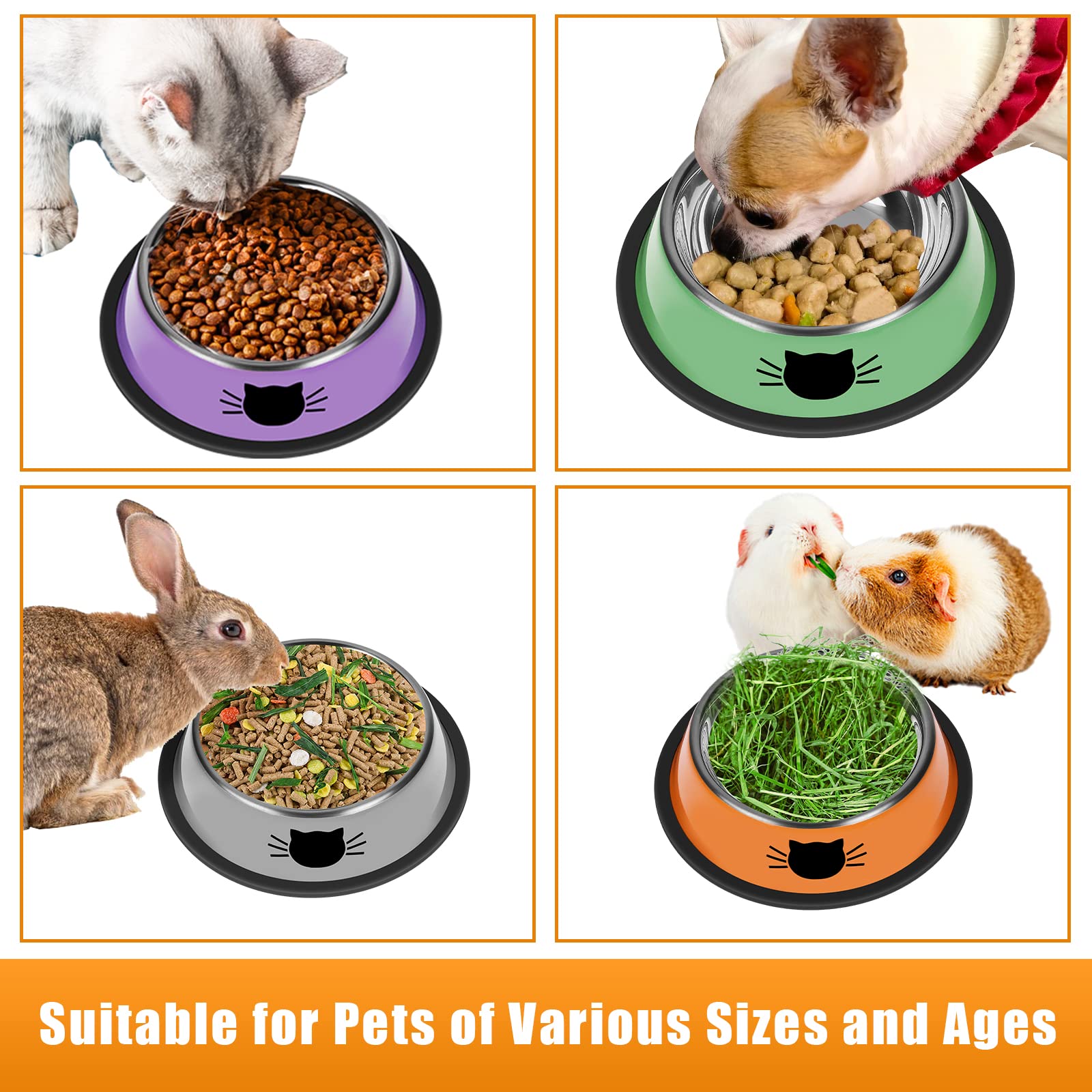 Serentive 3Pcs Cat Bowls, Non-Slip Stainless Steel, 7 Oz, Suitable For Indoor Pets, Removable Rubber Base, Lovely Color