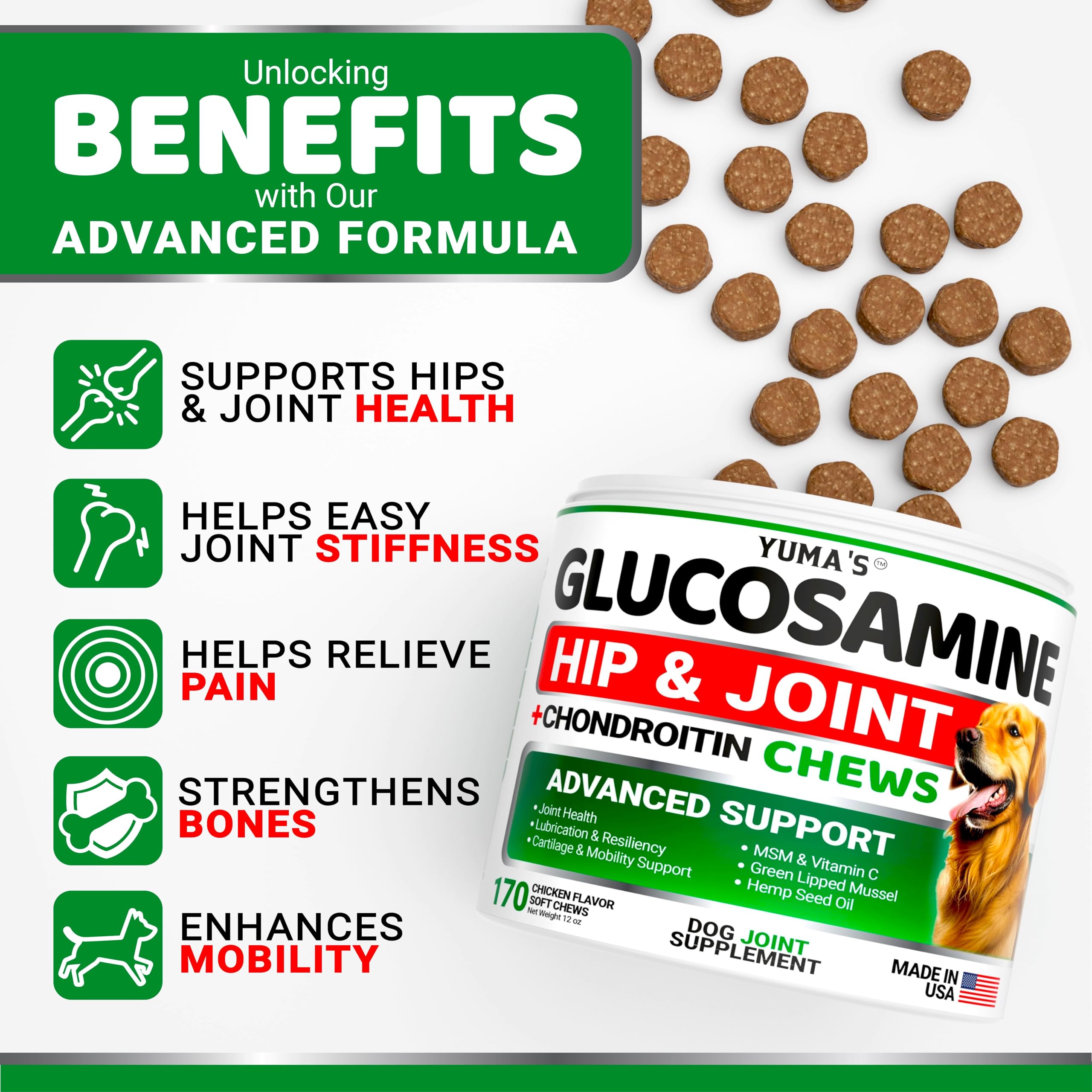 YUMA S Glucosamine for Dogs - Hip and Joint Supplement for Dogs - 170 Ct - Glucosamine Chondroitin Chews - Joint Pain Relief Su