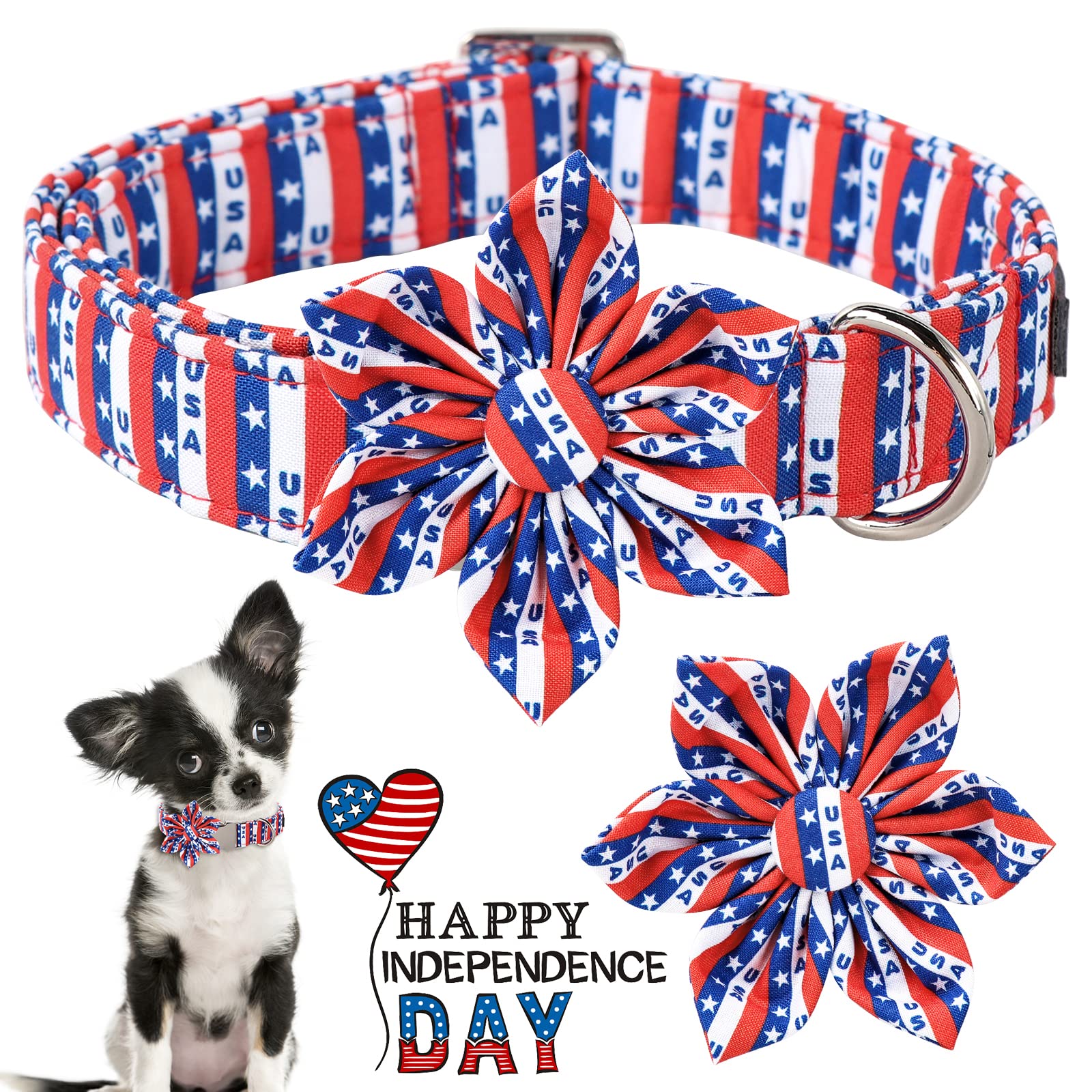 Aring Pet American Flag Dog Collar-Cute Summer Usa Dog Collar With Flower, Adjustable 5Th Of July Dog Collars With Metal Buckle