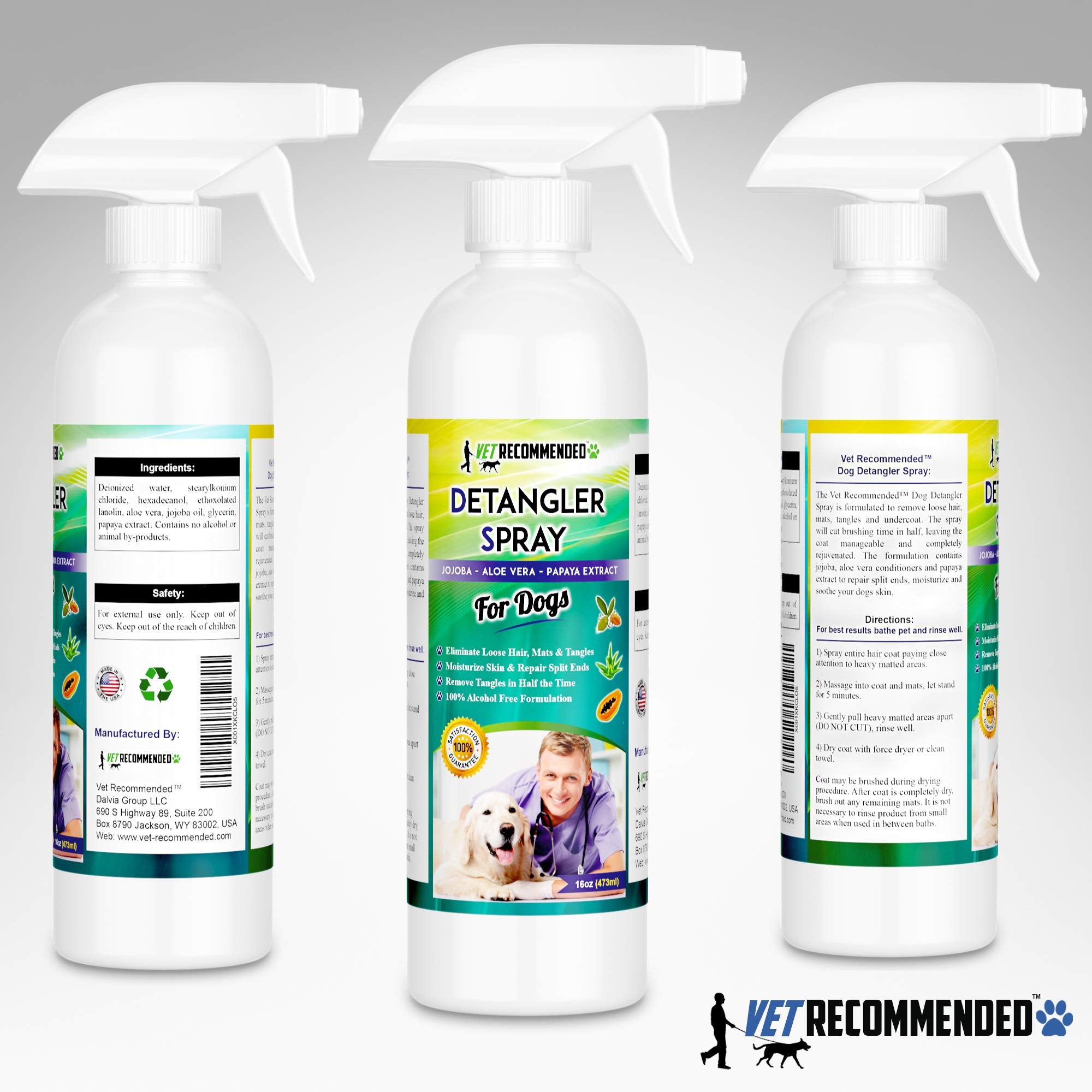 Vet Recommended Dog Detangler Spray & Conditioner – Made From Fresh Natural Extracts Of Papaya, Jojoba & Aloe Vera | Eliminate Loose Hair, Remove Matts And Rejuvenate Coat | Made In Usa | 16 Oz