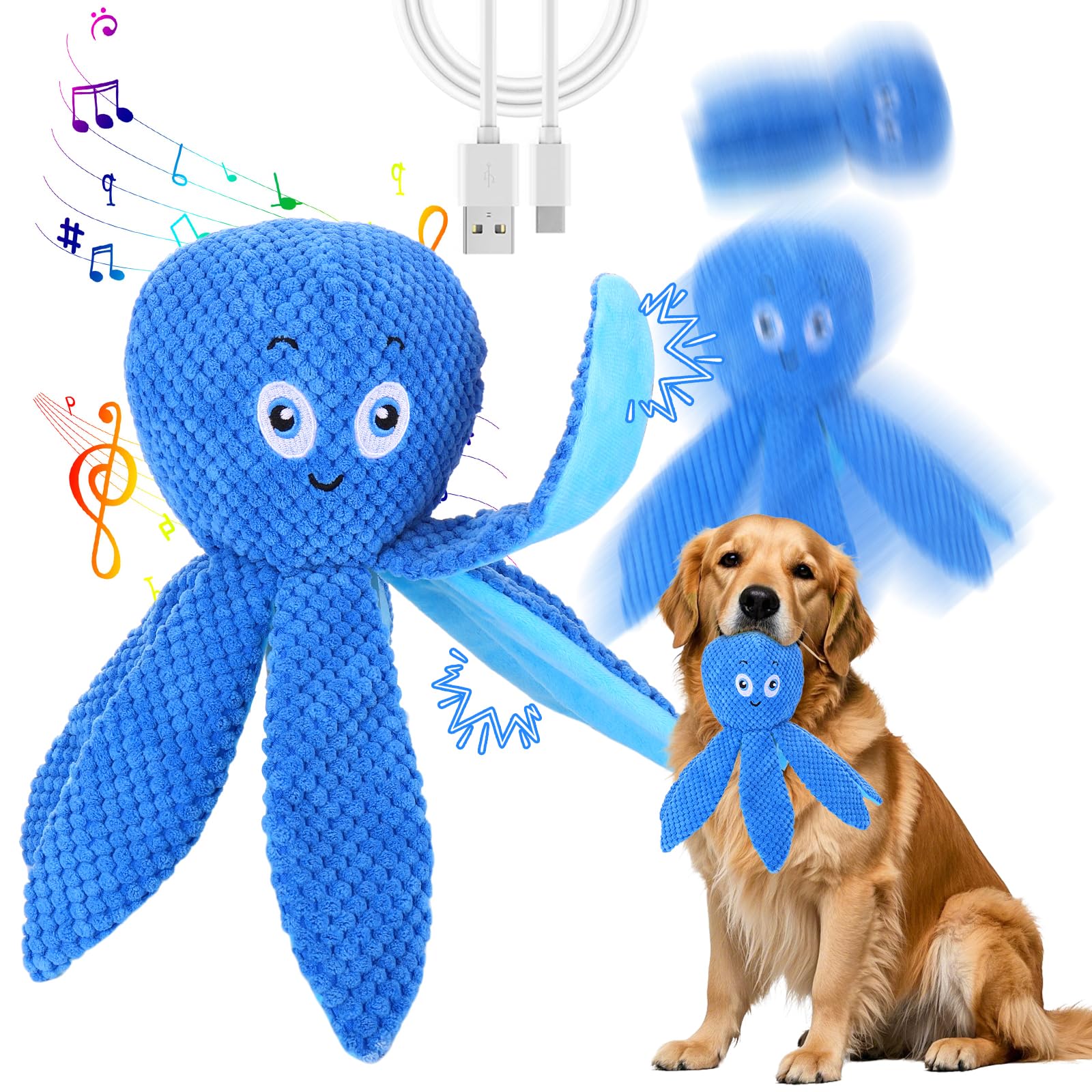 Interactive Dog Toys - Bouncing Octopus Crinkle Tentacles, Music And Recording, Moving Ball For Small/Medium/Large Puppy To Keep