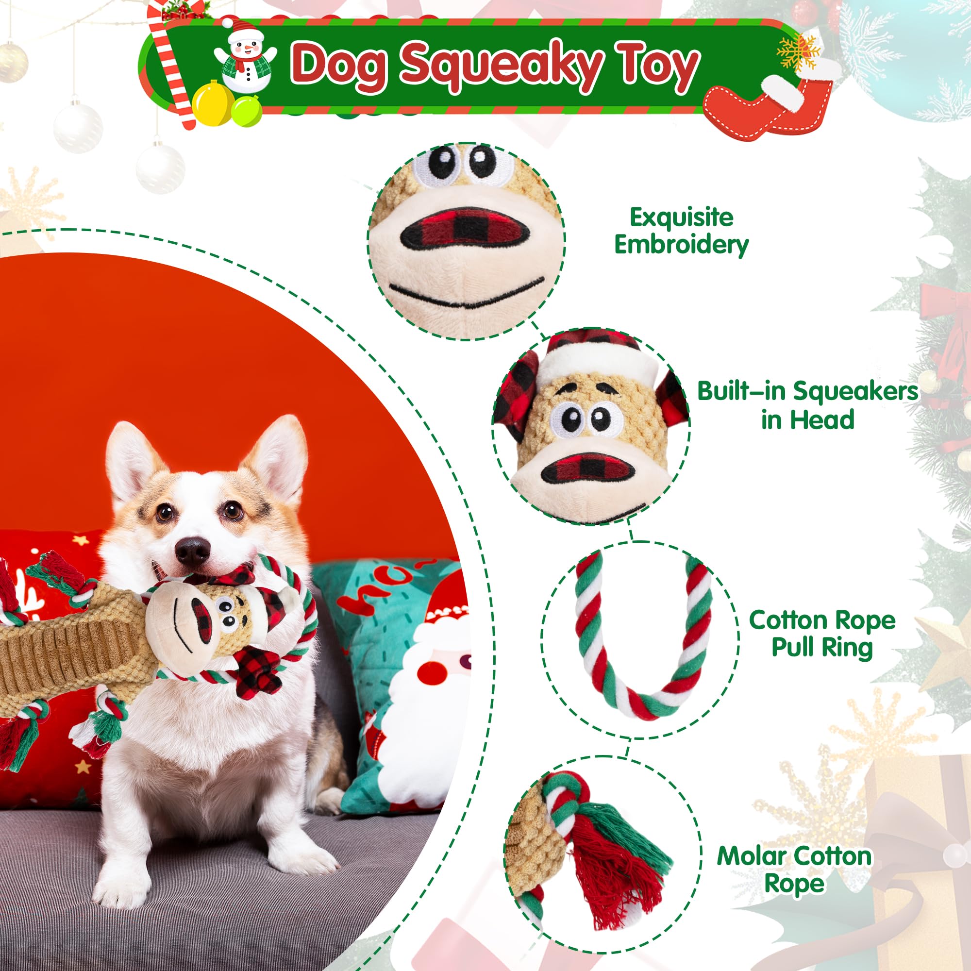 Motsamla Christmas Dog Toys, Plush Squeaky Dog Toy With Crinkle Paper, Cute Christmas Puppy Toys With Cotton, Durable Interactiv