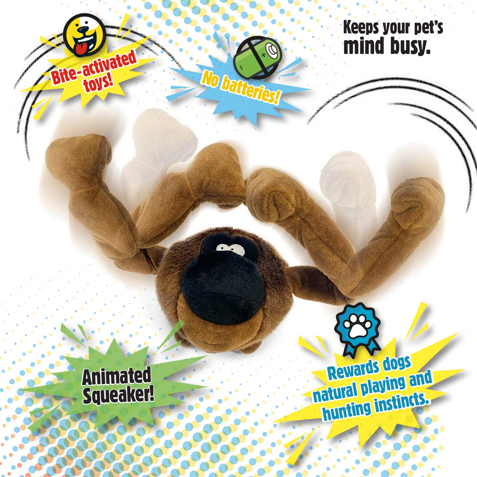 Godog Action Plush Ape Animated Squeaky Dog Toy, Chew Guard Technology - Brown, One Size