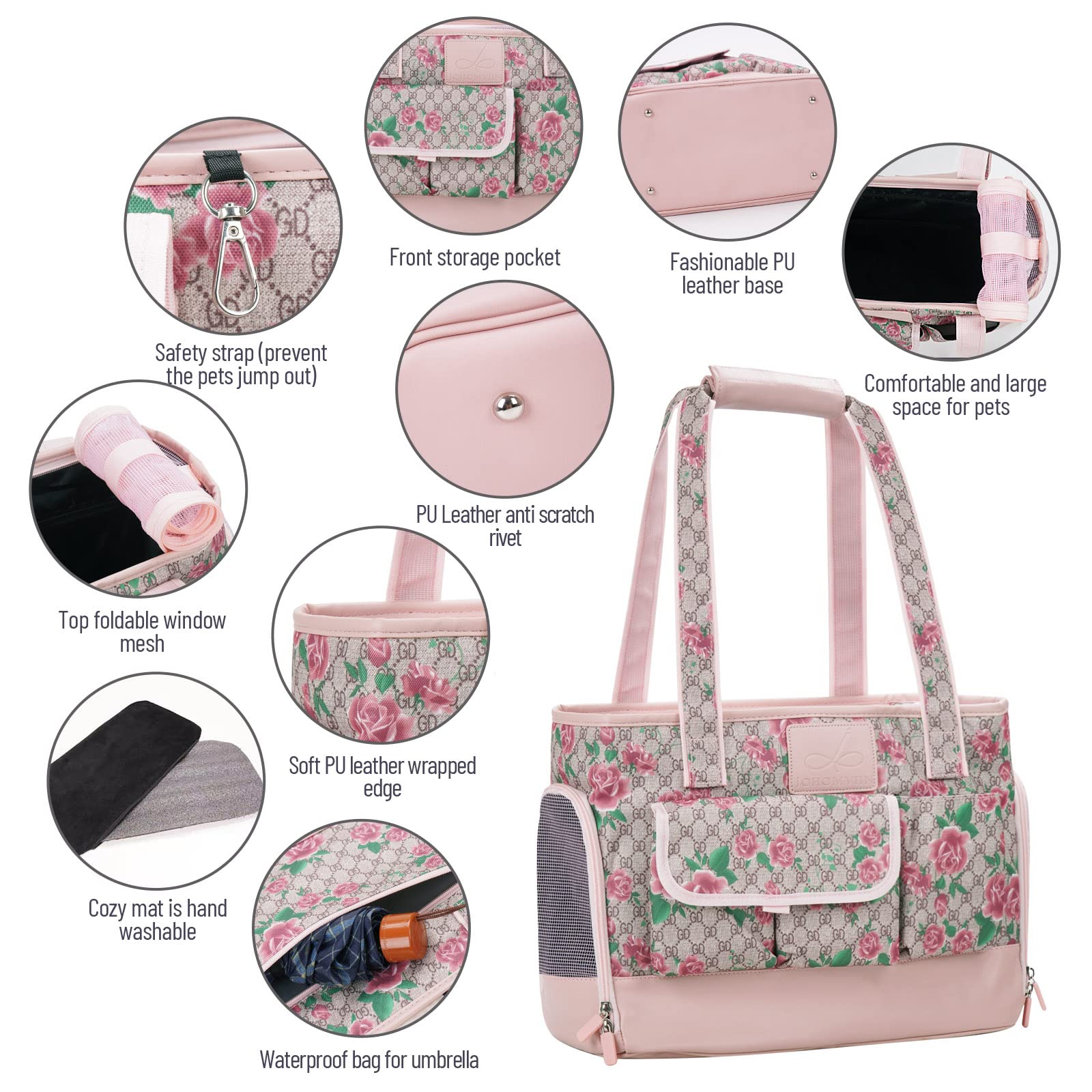 Johomviin Dog Carrier, Cat Carrier, Pet Carrier, Foldable Waterproof Premium Pu Leather Oxford Cloth Dog Purse, Portable Tote Bag Carrier For Small To Medium Cats And Small Dogs (Flower Pattern)