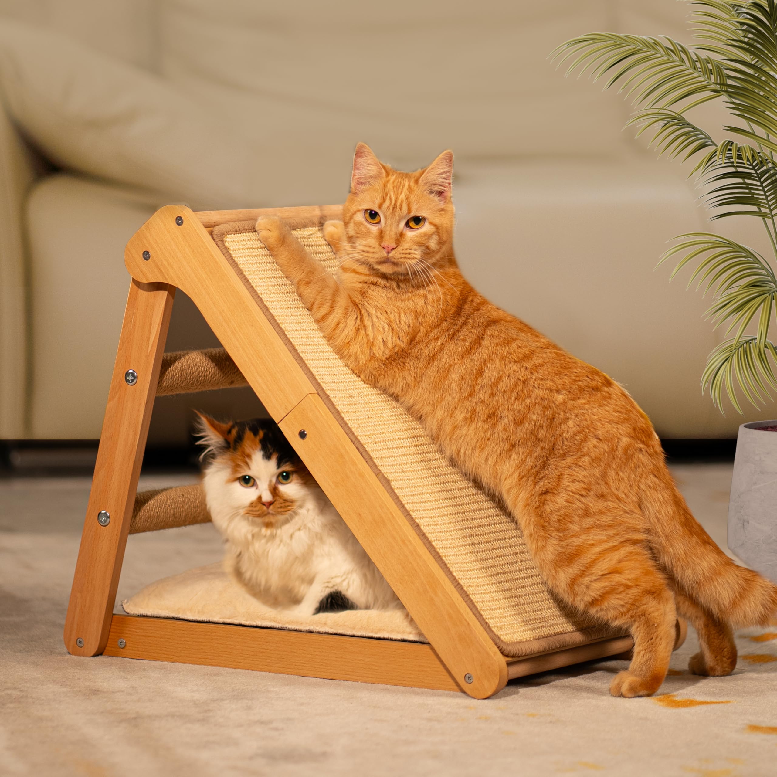 Cheerhome Pets Sisal Cat Scratcher Ramp With Cushion, 20'' X 14.1'' Large Foldable Scratch Board Cats Scratching Post, Wooden Ca
