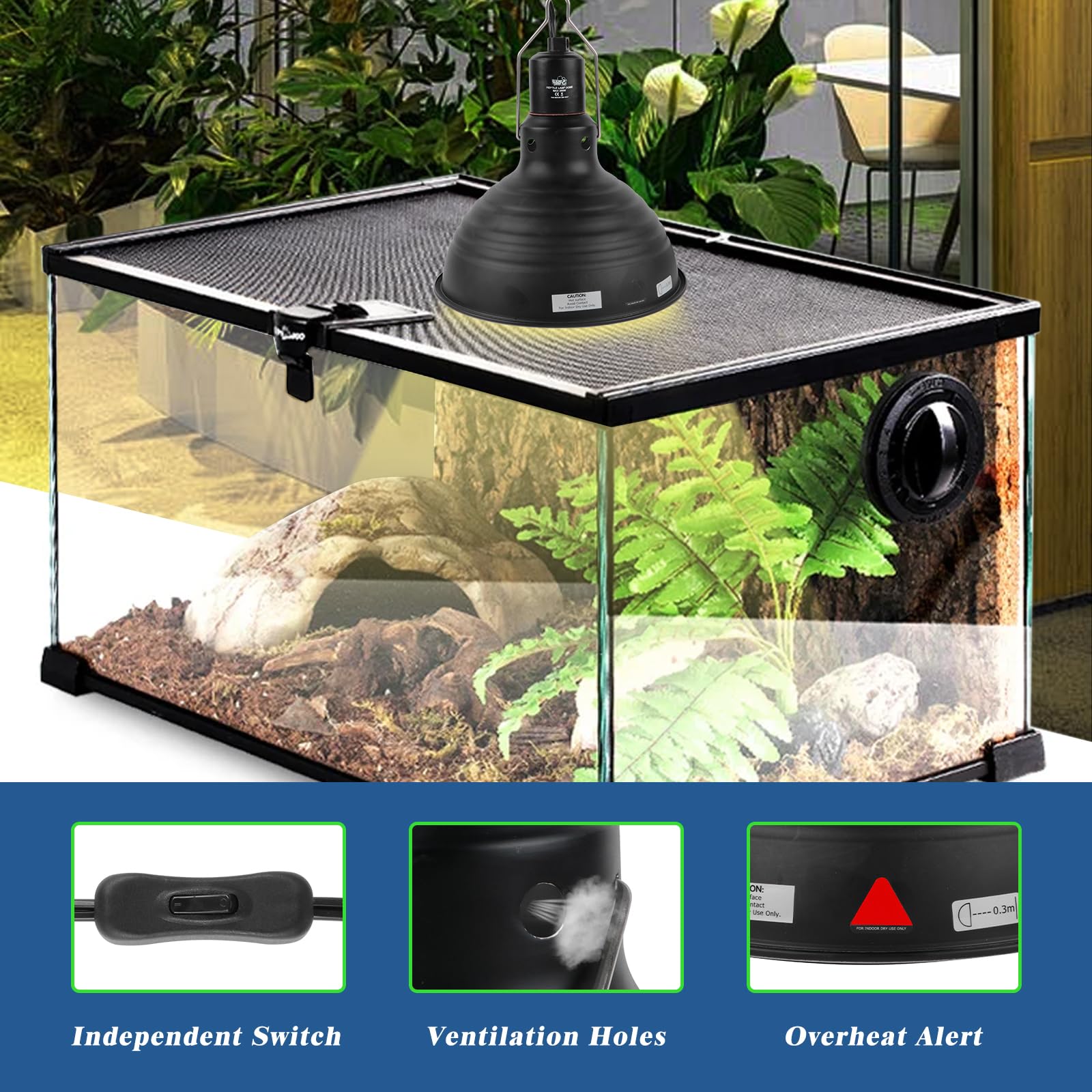 Lucky Herp Reptile Light Fixture 8.1Inch- Lightweight Aluminum Reflector Dome Reptile Light Fixture, Reptile Heat Lamp Fixture F